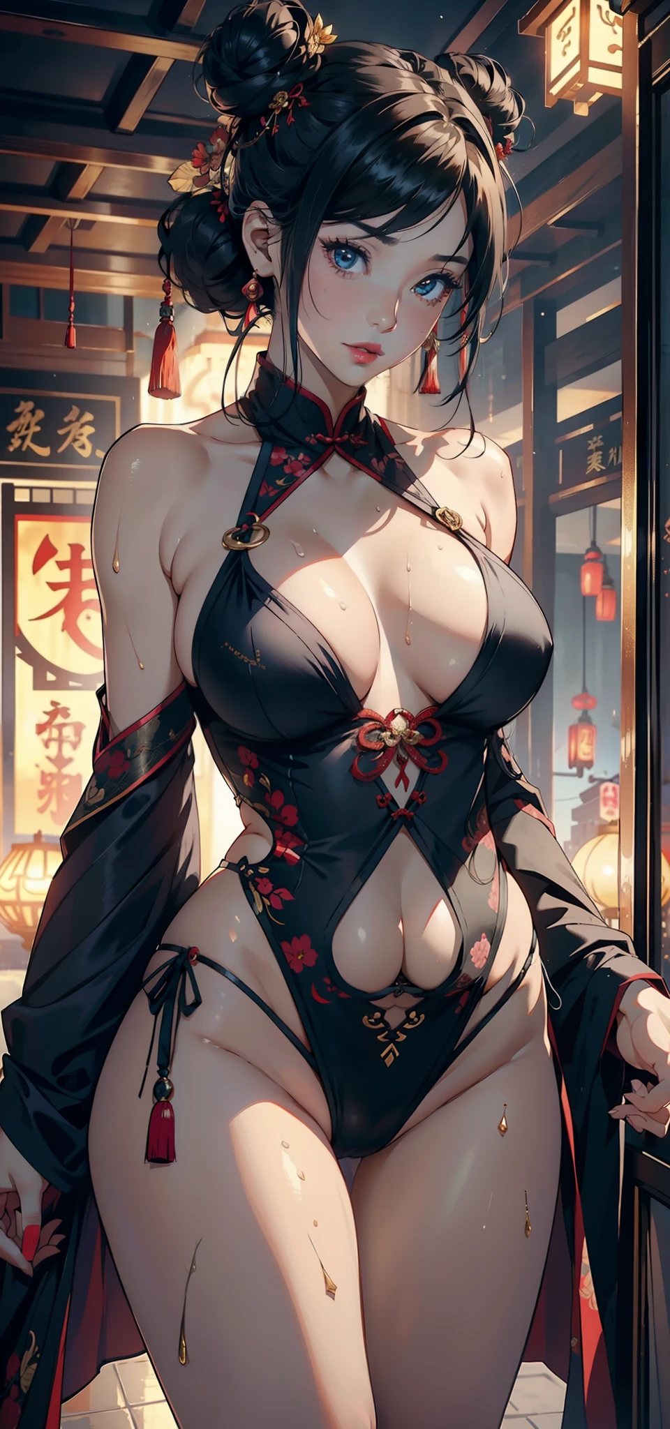 1female，36 years old，熟妇，mature，Bigchest，Big breasts Thin waist，long leges，Raised sexy，Pornographic exposure， 独奏，（Background with：Chinese restaurant） She has short black hair，standing on your feet，Sweat profusely，drenched all over the body，seen from the front， hair straight， mostly cloudy sky，（（（tmasterpiece），（Very detailed CG unity 8K wallpaper），best qualtiy，cinmatic lighting，detailed back ground，beatiful detailed eyes，Bright pupils，（Very fine and beautiful），（Beautiful and detailed eye description），Black eyes，Redlip，ultra - detailed，tmasterpiece，）），facing at camera，（The upper part of the body），A high resolution，ultra - detailed），revealing breasts，Bare genitalia，  Bulge，legs are open，sexyposture，Camel toes，Flushed complexion，Open-mouthed，frontage，Floral headdress，double bun hair（Wearing：Red cheongsam，gold thread embroidery，dynamicposes）