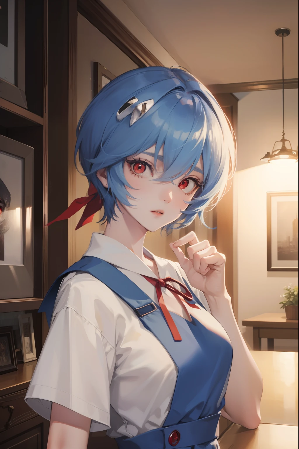 reiayanami, rei ayanami, blue hair, short hair, (red eyes:1.5),
BREAK blue dress, dress, neck ribbon, pinafore dress, red ribbon, ribbon, school uniform, short sleeves, short-sleeved sweater, sweater,
BREAK outdoors, city,
BREAK looking at viewer, 
BREAK (masterpiece:1.2), best quality, high resolution, unity 8k wallpaper, (illustration:0.8), (beautiful detailed eyes:1.6), extremely detailed face, perfect lighting, extremely detailed CG, (perfect hands, perfect anatomy),