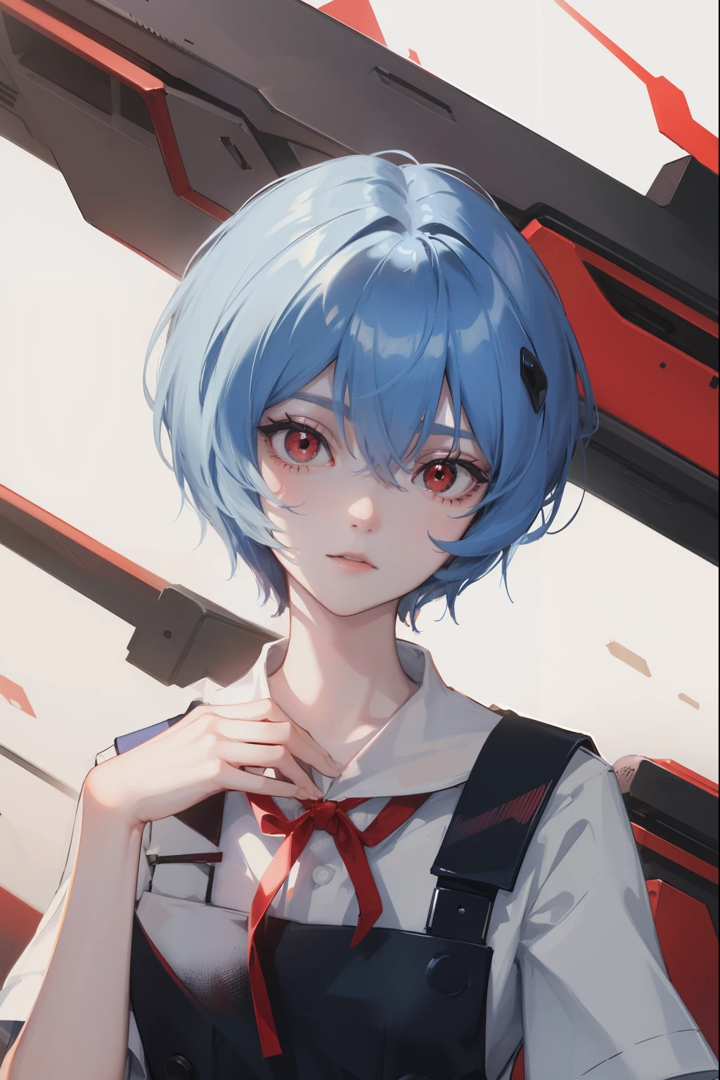 reiayanami, rei ayanami, blue hair, short hair, (red eyes:1.5),
BREAK blue dress, dress, neck ribbon, pinafore dress, red ribbon, ribbon, school uniform, short sleeves, short-sleeved sweater, sweater,
BREAK outdoors, city,
BREAK looking at viewer, 
BREAK (masterpiece:1.2), best quality, high resolution, unity 8k wallpaper, (illustration:0.8), (beautiful detailed eyes:1.6), extremely detailed face, perfect lighting, extremely detailed CG, (perfect hands, perfect anatomy),