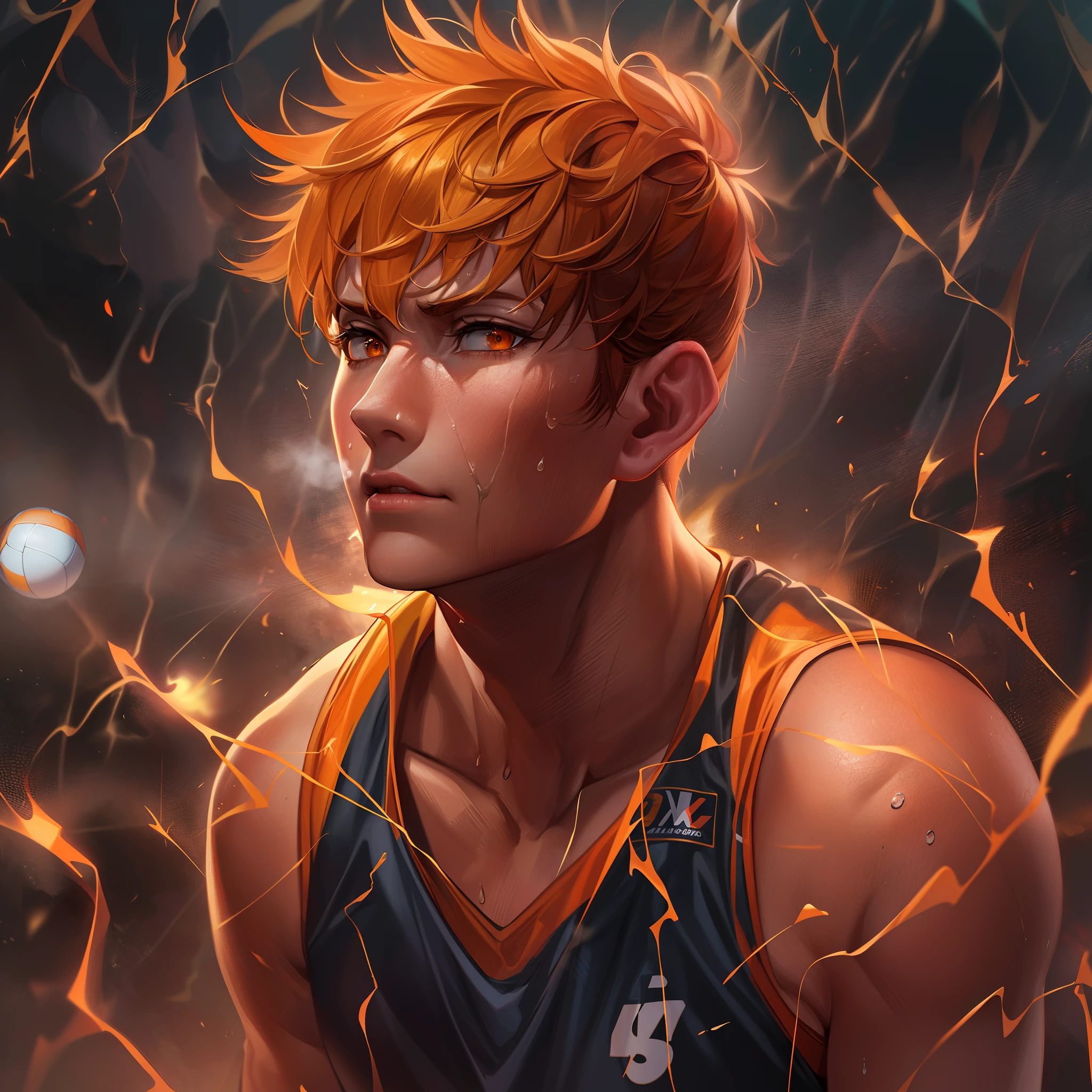 (8k wallpaper:1.2),(Ultra-high resolution:1.2),(masterpiece:1.1),wallpaper,High quality,masterpiece,(High detail),1man,short messy hair,orange hair,slim, fit, wearing volleyball outfit,black and orange vest, sweating, steam, surrounded by lightning, looking away from the viewer, highest quality digital art, highest resolution, absolutely stunning art, extremely detailed,
