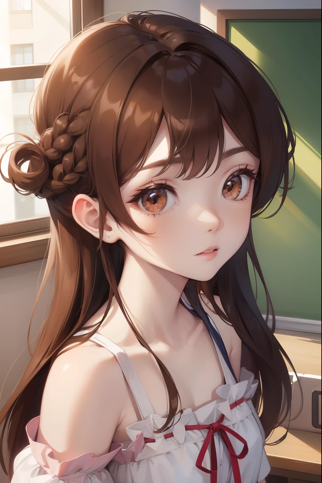 mizuharachizuru, mizuhara chizuru, (brown eyes:1.5), brown hair, long hair, (one side up:1.2),
BREAK bare shoulders, collarbone, pink shirt, puffy short sleeves, puffy sleeves, red bow, shirt, short sleeves, skirt, white skirt,
BREAK indoors, classroom,
BREAK looking at viewer,
BREAK (masterpiece:1.2), best quality, high resolution, unity 8k wallpaper, (illustration:0.8), (beautiful detailed eyes:1.6), extremely detailed face, perfect lighting, extremely detailed CG, (perfect hands, perfect anatomy),