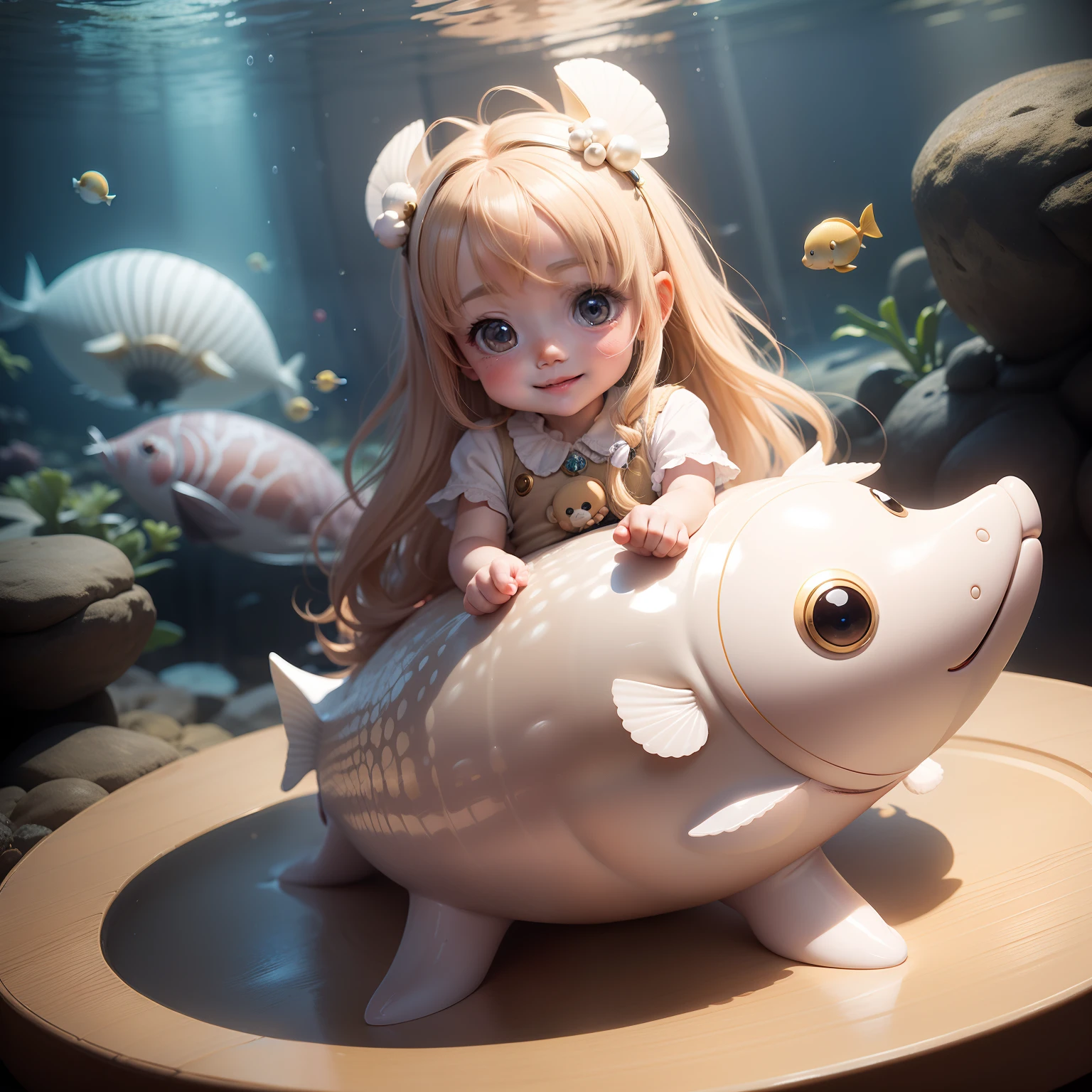Cute Chibi Anime,Venus,The best smile,Sit on scallops,Pearl beige long sauvage hair,Royal Aquarium.