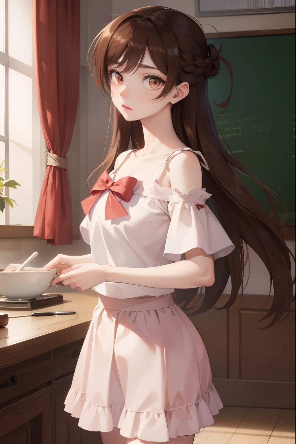 mizuharachizuru, mizuhara chizuru, (brown eyes:1.5), brown hair, long hair, (one side up:1.2),
BREAK bare shoulders, collarbone, pink shirt, puffy short sleeves, puffy sleeves, red bow, shirt, short sleeves, skirt, white skirt,
BREAK indoors, classroom,
BREAK looking at viewer, 
BREAK (masterpiece:1.2), best quality, high resolution, unity 8k wallpaper, (illustration:0.8), (beautiful detailed eyes:1.6), extremely detailed face, perfect lighting, extremely detailed CG, (perfect hands, perfect anatomy),