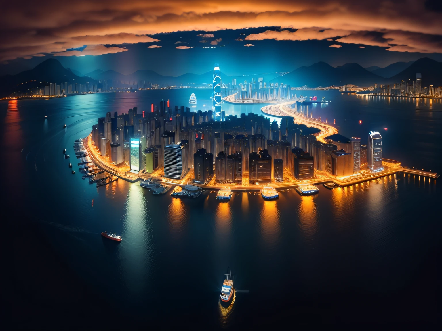 Victoria Harbour, Hong Kong,nighttime scene,panoramic lens