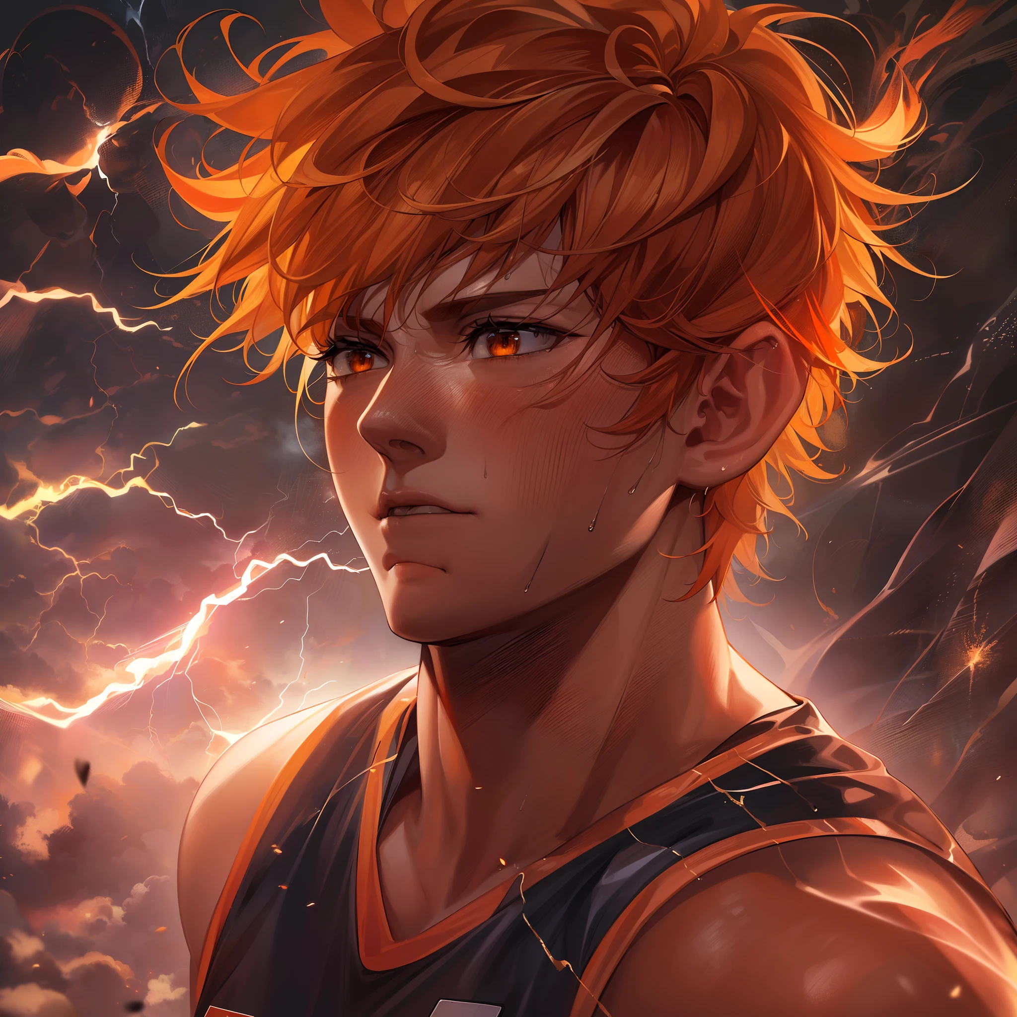 (8k wallpaper:1.2),(Ultra-high resolution:1.2),(masterpiece:1.1),wallpaper,High quality,masterpiece,(High detail),1man,short messy hair,orange hair,slim, fit, wearing volleyball outfit,black and orange vest, sweating, steam, surrounded by lightning, looking away from the viewer, highest quality digital art, highest resolution, absolutely stunning art, extremely detailed,