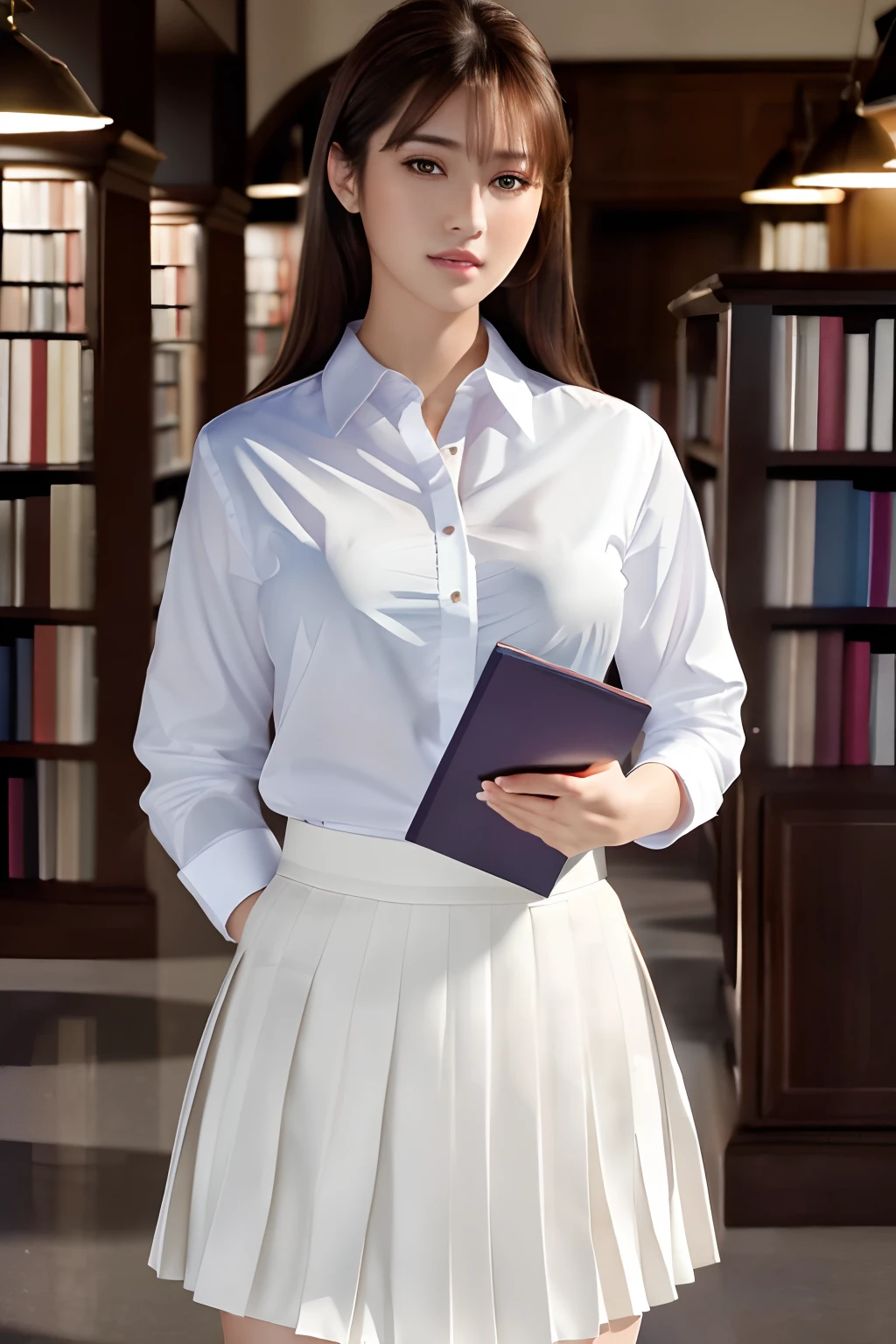 masterpiece, best quality, ultra high res, (photorealistic:1.4), beautiful lighting, RAW photo, 8k uhd, ultra detailed face, realistic lightning, beautiful girl, sweet girl, ((wearing white shirt and long pleated skirt)), library, long shot, shy, hiding face behind book,