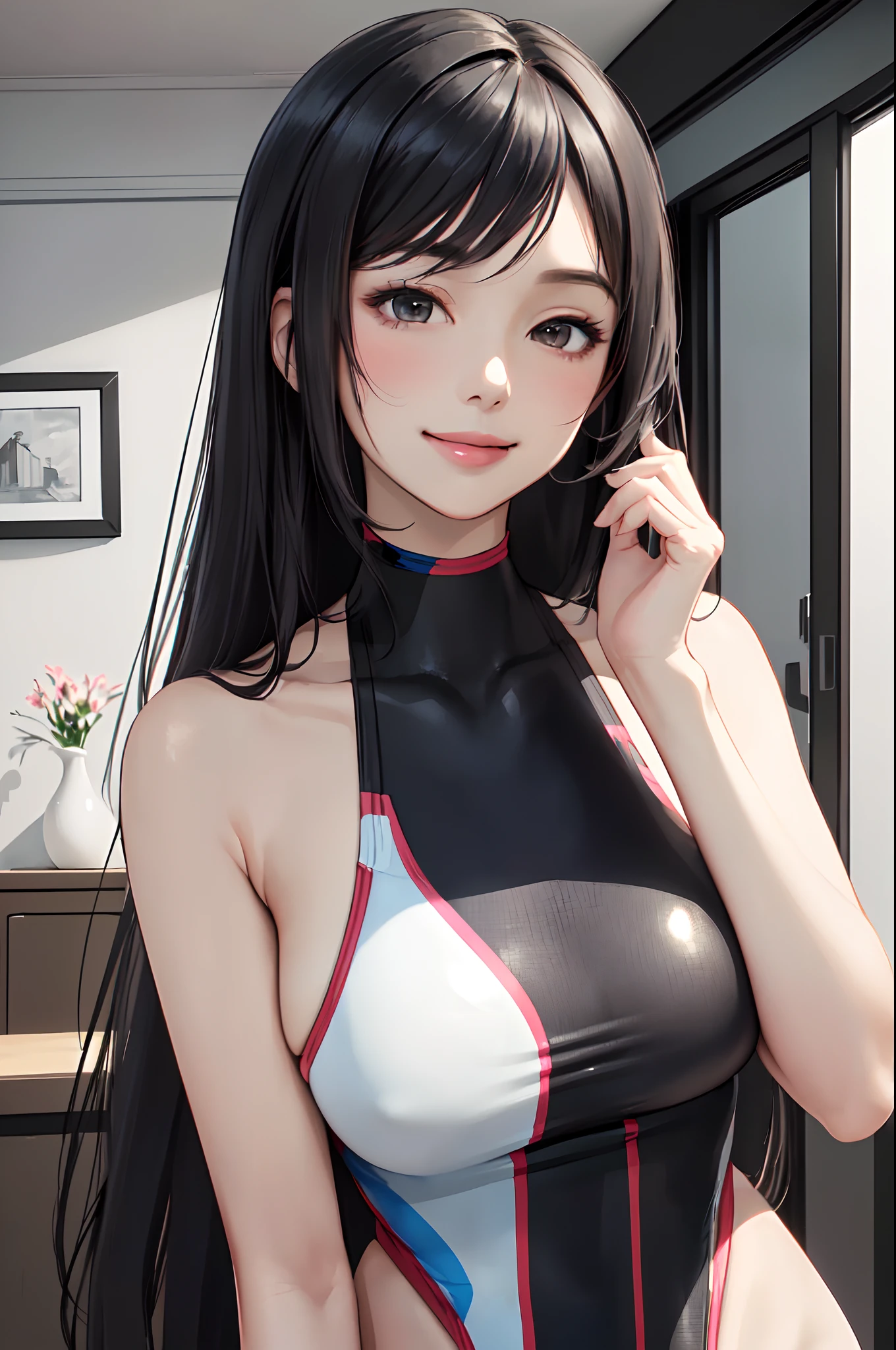 modern house indoors, 1lady solo, mature female /(black long hair/) (competition swimsuit:1.2), blush kind smile, (masterpiece best quality:1.3) delicate illustration high resolution ultra-detailed perfect face beautiful skin large breasts