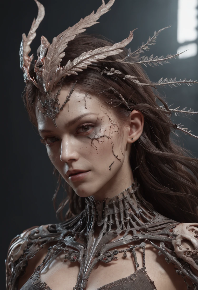 complex 3d render ultra detailed beautiful death angel, biomechanical cyborg, analog 150 mm lens, beautiful natural soft rim light, neon vein, roots, fine foliage lace, colorful details, Boris Bidjan Saberi outfit, pearl earrings, piercing, art nouveau fashion embroidered, intricate details, mesh wire, mandelbrot fractal, facial muscles, cable wires, microchip, badass, hyper realistic, ultra detailed, octane render, volumetric lighting, 8k post-production, red and white with a bit of black, detailled metalic bones, semi human, iridescent colors, Glenn Brown style, futuristic room, power of the god, high-angle shot, complex body poses
