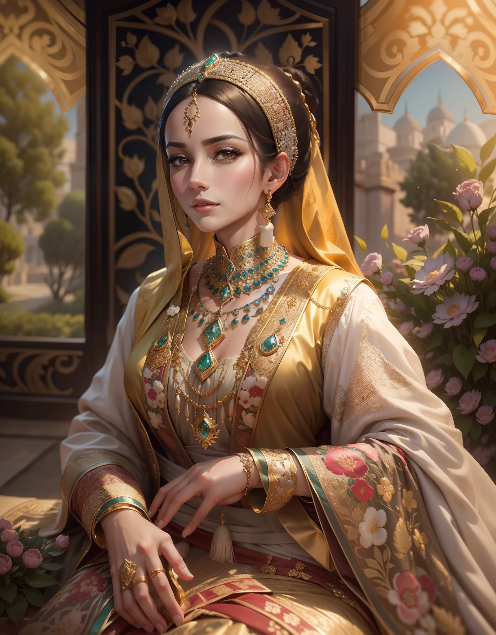 1 Ottoman Haseki Woman, golden jewelery, Ancient Ottoman Empire, shiny fabrics, embroidery, Masterpiece, portraite of a, a closeup of a, gems, In the background you can see the garden of the Turkish palace, radiance, shiny pollen, Elegantly, filigree, Cinematic, 4k