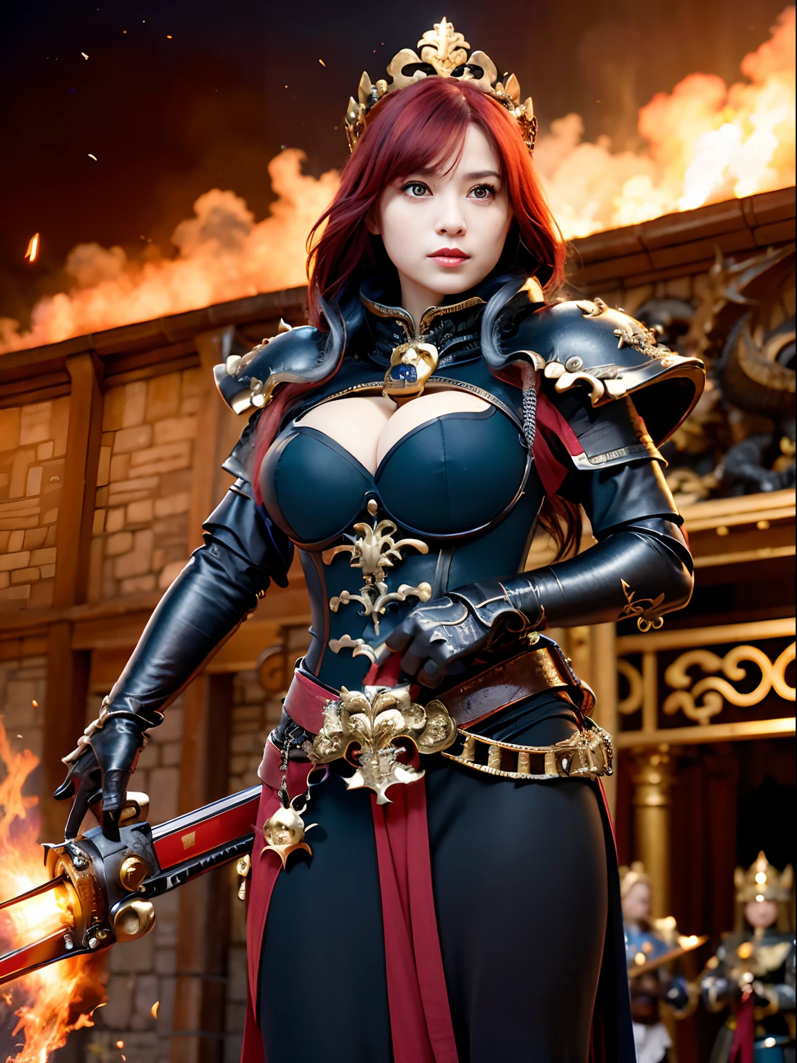 (masutepiece), Professional , masterpiece、top-quality、photos realistic , depth of fields 、(Dragon Black Metal Body:1.9),(Matte Blue Black、(cleavage of the breast)、Dragon Gold Weapon(Dragon Metal Body:1.4),Gorgeous gold weapons ,(( Dragon's dense and gorgeous sword)) , (demonic wings) ,warhammer 40k , adepta sororitas,Detail and gorgeous crown、((Red hair))、(Castle background)、((Gangle's forest background))、Beautiful Caucasian beauty、1a person、dynamic ungle,(((Detailed and ornate Black Dragon Crown)))、Smaller head、A smile、Castle background、Thin and beautiful female hands、cleavage of the breast、Soldier in iron armor on background、Mystical expression、Light Effects、intense fighting、Wind-effect、magic circles、With the legendary magic wand、Dragon's tail、