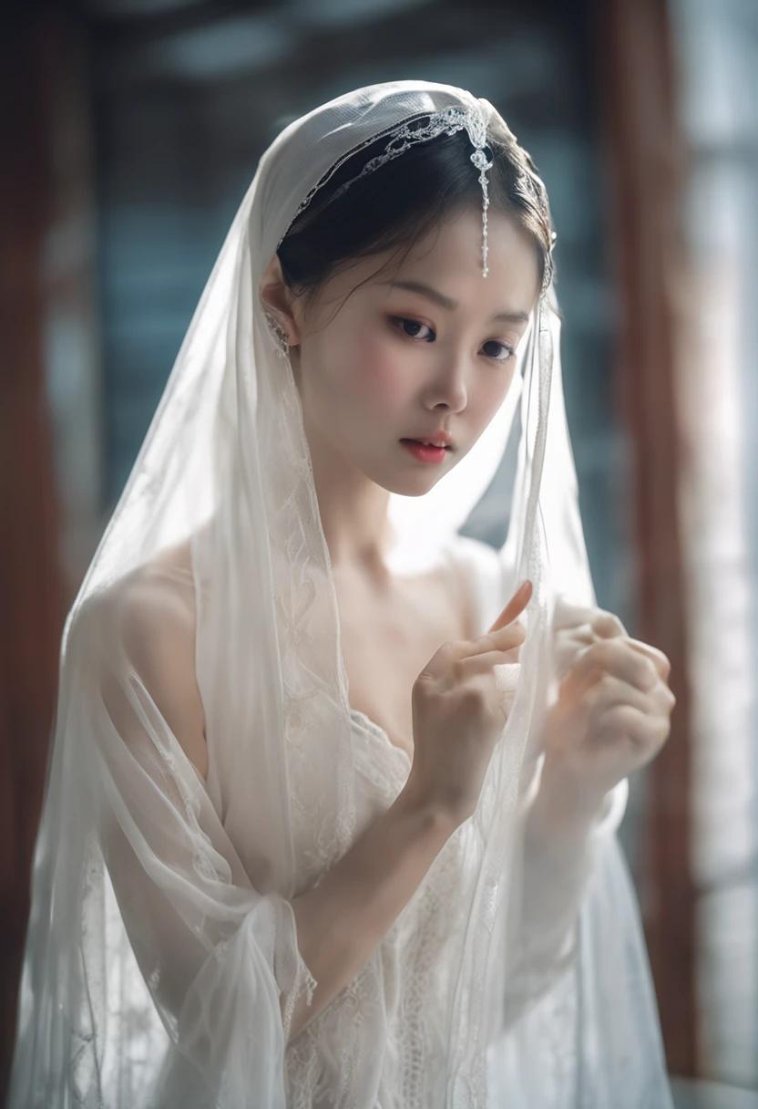 There is a beautiful asian girl posing for a photo in a white dress and veil, pale milky white porcelain skin, Guviz, Translucent white skin, Smooth translucent white skin, White bra, light yarn, White lace, Milky white skin, ((Mist)), Lingerie, (Ethereal), Very ethereal, pale snow-white skin, White veil, chest plate ) ) ), soft outline,Dew 1/2 chests,Wear white underwear underwear