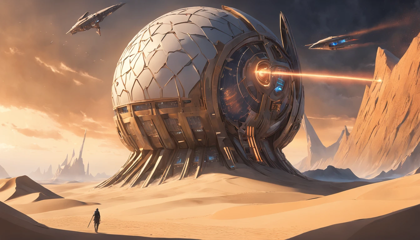 Dune sci-fi scene，Geometric complex as the background，huge buildings，There are many ships in the air，Size contrast，Fine 8K，vray，(((8K, RAW photo, Best quality, Masterpiece:1.4))), 超高分辨率, Ultra-detailed, illustration, Close-up, Astonot, Environment only
