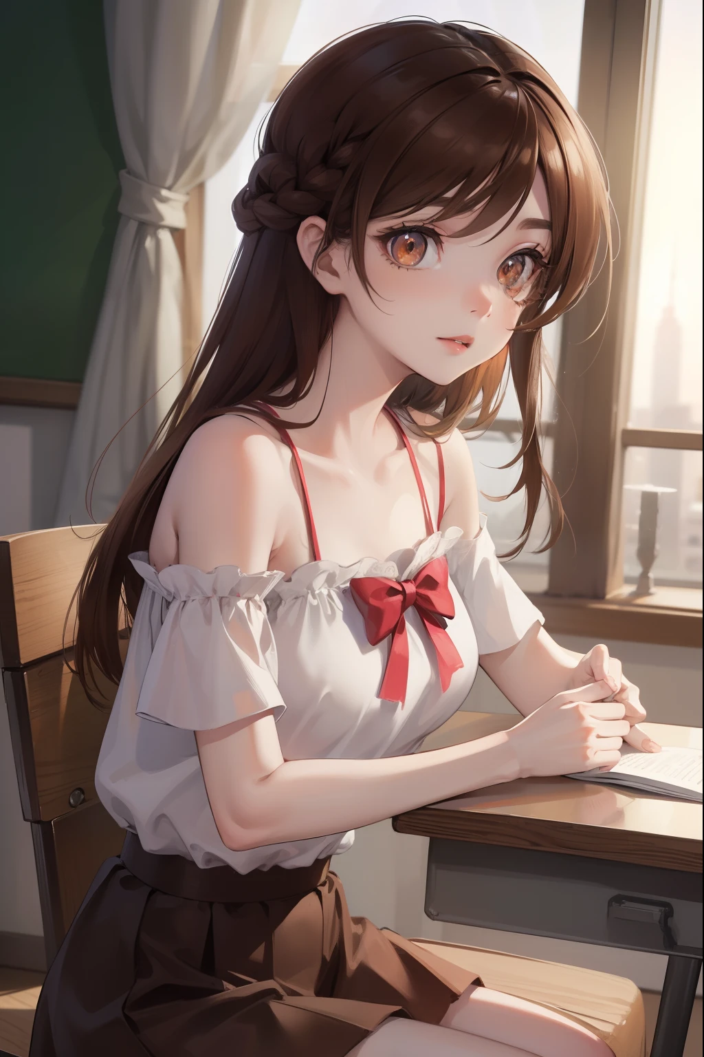 mizuharachizuru, mizuhara chizuru, (brown eyes:1.5), brown hair, long hair, (one side up:1.2),
BREAK bare shoulders, collarbone, pink shirt, puffy short sleeves, puffy sleeves, red bow, shirt, short sleeves, skirt, white skirt,
BREAK indoors, classroom,
BREAK looking at viewer, 
BREAK (masterpiece:1.2), best quality, high resolution, unity 8k wallpaper, (illustration:0.8), (beautiful detailed eyes:1.6), extremely detailed face, perfect lighting, extremely detailed CG, (perfect hands, perfect anatomy),