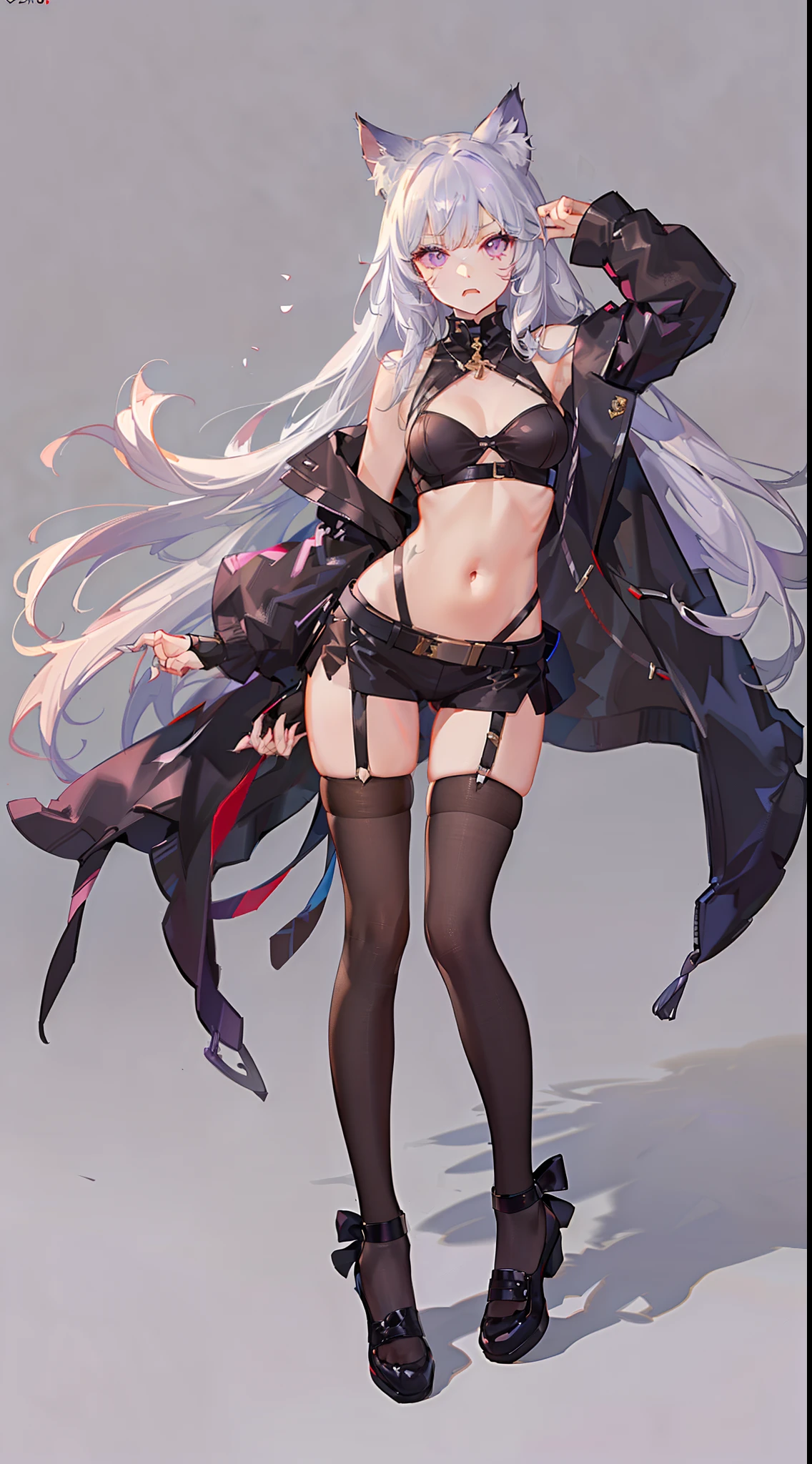 young girl, Long white hair, cat ears, violet eyes, leather jacket, briefs, tear stockings, Black Top, open belly, Lots of scars, claws, anger, Masterpiece, hiquality