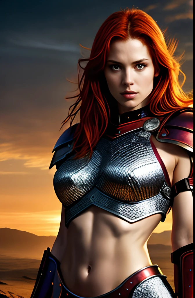Masterpiece, a beautiful red haired warrior queen wearing sexy chainmail armor, (Michelle Pfeiffer:Karen Gillan:0.5), strong athletic body, medium breasts, (skin texture:1.1), best quality, ultra high res, digital art, realisitc, fierce expression