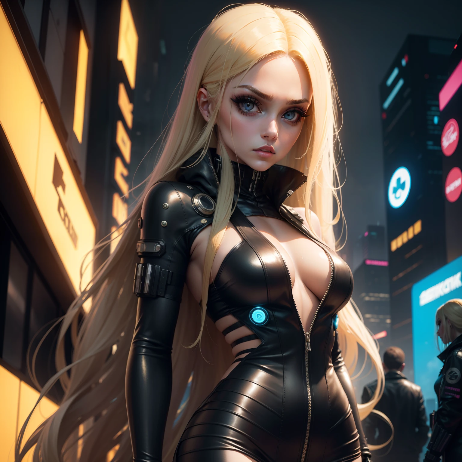 Sexy woman with long blonde hair and big eyes with long lashes is dressed as cyberpunk