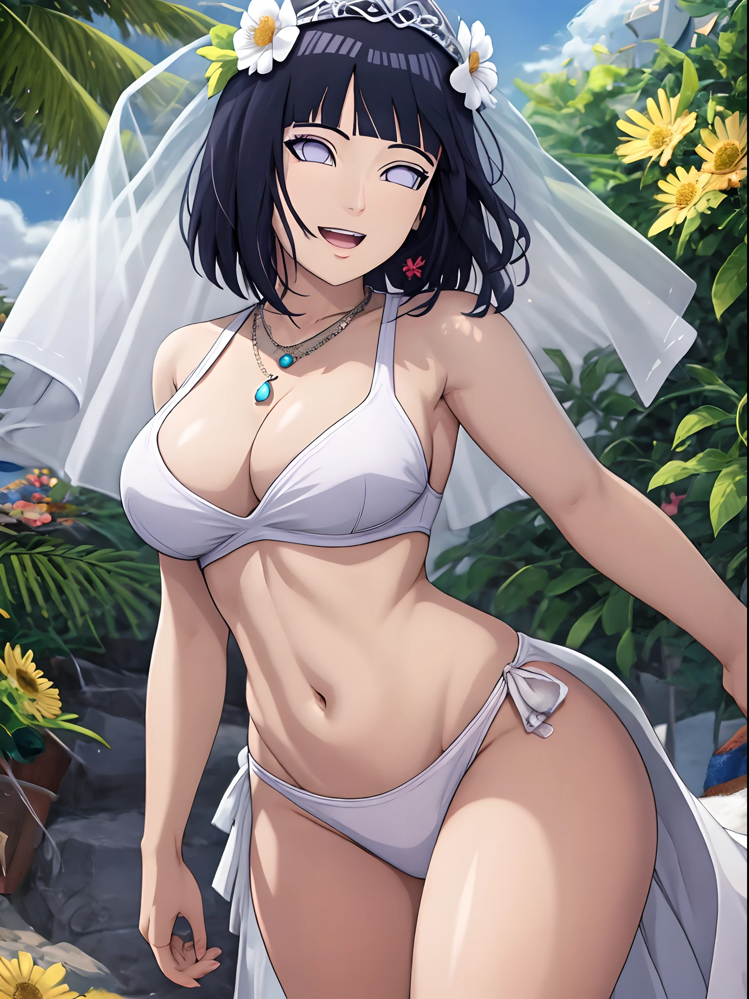 (WALLPAPER, (hinata\(boruto\), masterpiece, 4k, vector coloring, whole body shot, contrast lighting, mature female, milf, (curvy:0.8), solo, anime style, sharp focus, professional artwork, intricate details, detailed beach background, colorful, vibrant colors, vivid colors, digital blending, ultra detailed body, ultra detail hair, ultra detail face, trending on pixiv, very hot colors, sunny day, outdoor, detailed bold arm lines, high color saturation, bold lines, bold drawing lines),
(standing, open mouth, kind smile, extremely happy, goodbye, sexy pose),
((dark blue hair color:1.1), wavy hair, ((short hair, hime cut)),
(perfect eyes, white sciera, white eyes, anime eyes, smoky eyeliner, eyeshadow)
(white skin, slender body, milf, navel, groin, flat belly, perfect face, perfect thighs),
(Thighs, legs, big breasts, perky boobs, off-shoulders, (groin, detailed shoulders),
(bare chest, bare shoulders, bare hands, bare legs),
(all cloth is white, white dress, wedding veil, white flower wedding tiara, gold necklace)