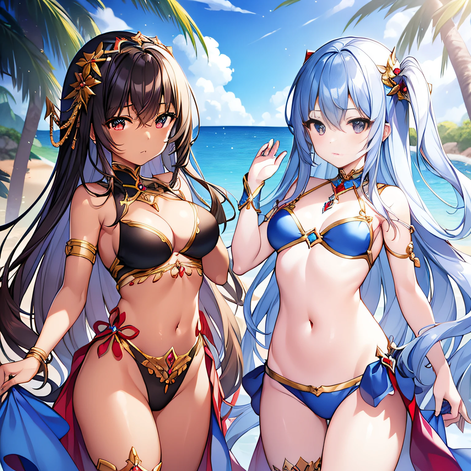 top-quality、extremely delicate and beautiful、(Blue and Red Odd-Eye)、Arabian costume 、Navel、(silber hair)、femele、(Black bikini for lower body)、(((Brown skin)))