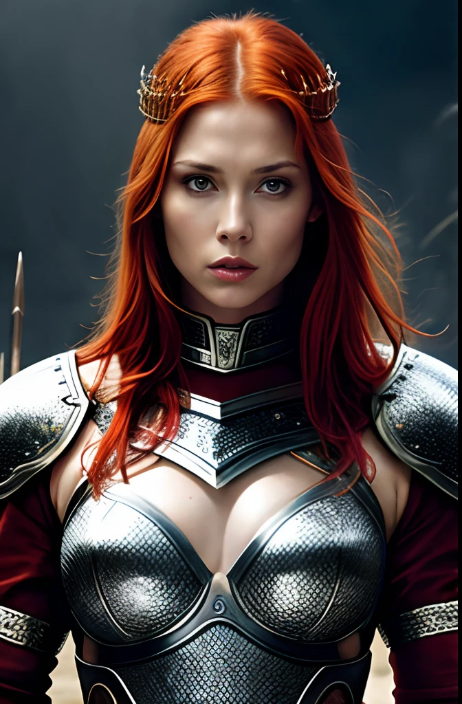Masterpiece, a beautiful red haired warrior queen wearing sexy chainmail armor, (Michelle Pfeiffer:Karen Gillan:0.5), strong athletic body, medium breasts, (skin texture:1.1), best quality, ultra high res, digital art, realisitc, fierce expression
