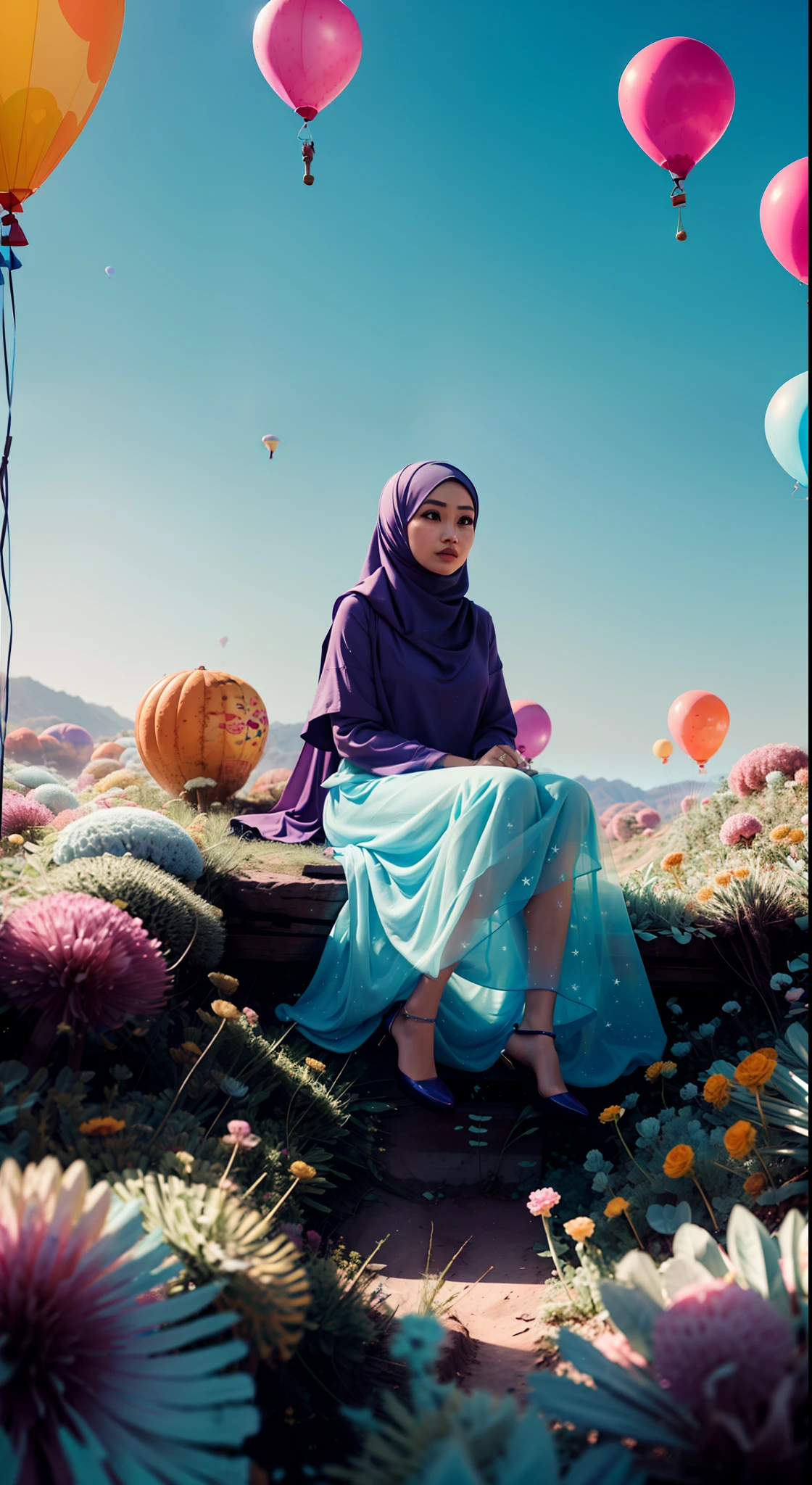 There is a poster，malay women, wear hijab, modest dress, Light blue sky background，((Number 8))，Crystal number 8，Transparent number 8，Pass through the streamer of the number 8，Balloon vibe，beauty campaign, bubbly scenery, 8K，Bright style，Delicate，tmasterpiece，photorealestic，High quality detailing，Exceptional detail