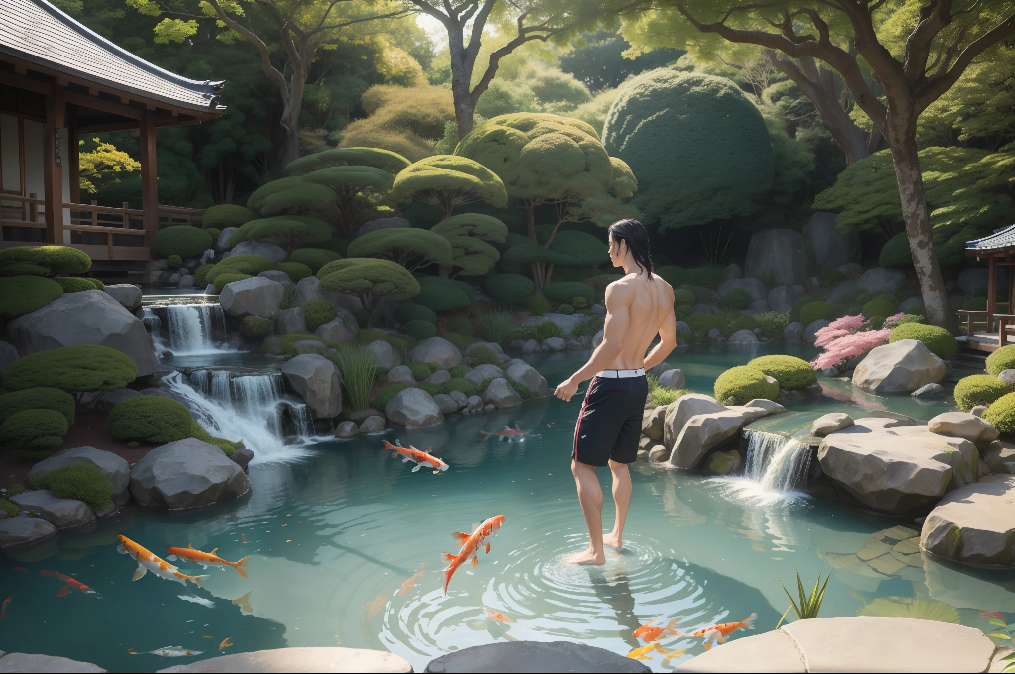 A young man in bermudas, surrounded by whips of water and many swimming and jumping koi fishes. He has medium long wet dark hair, athletic. Japanese garden as background. Sunny day, sun reflecting on water. Dynamic scene, colourful. Risogram effect.