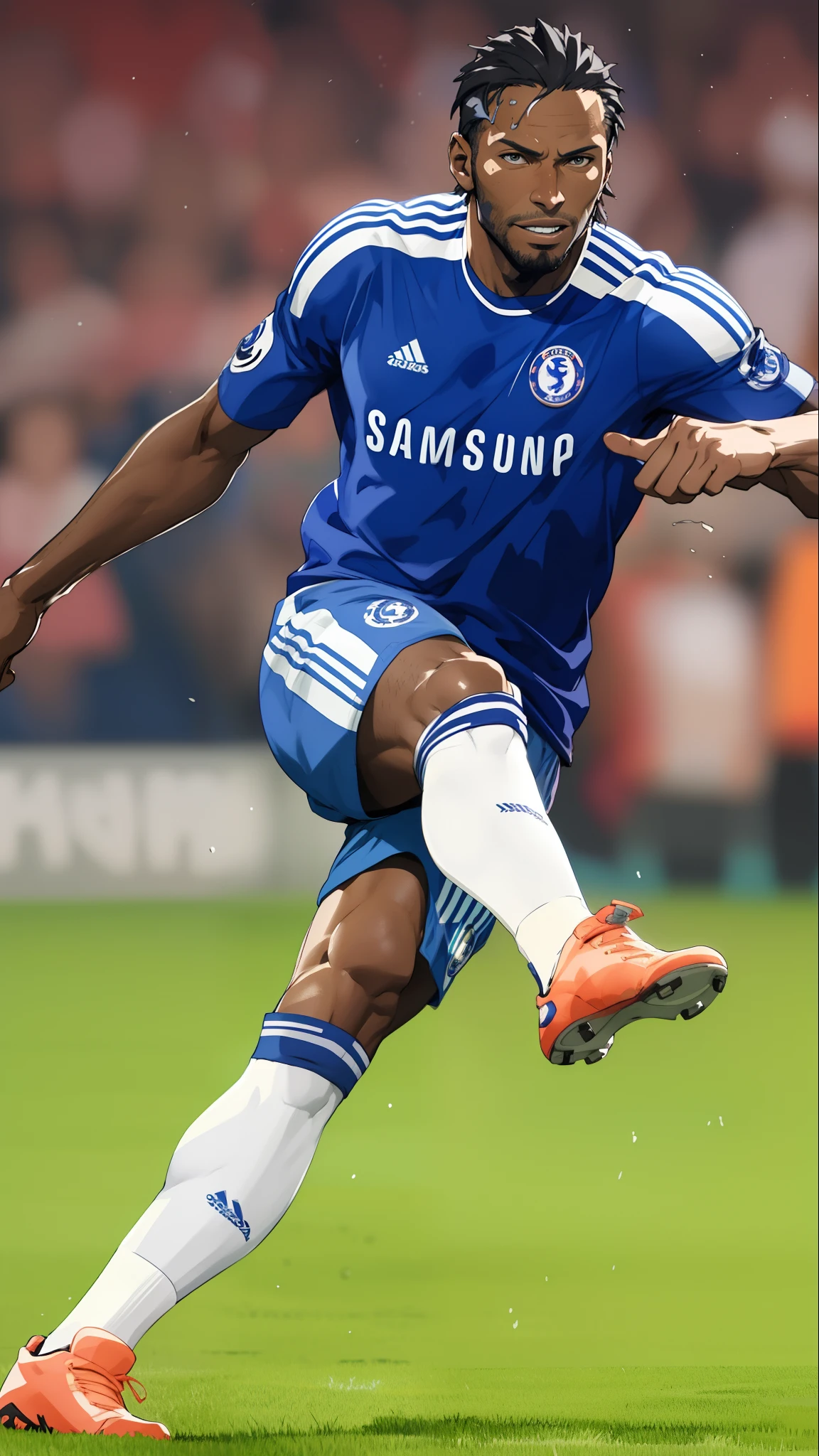 Soccer player, Drogba, chelsea blue shirt, (watercolor:0.5), (borderlands:0.7), detailed , anime illustration, anime cartoon style, line art, comic line art drawing