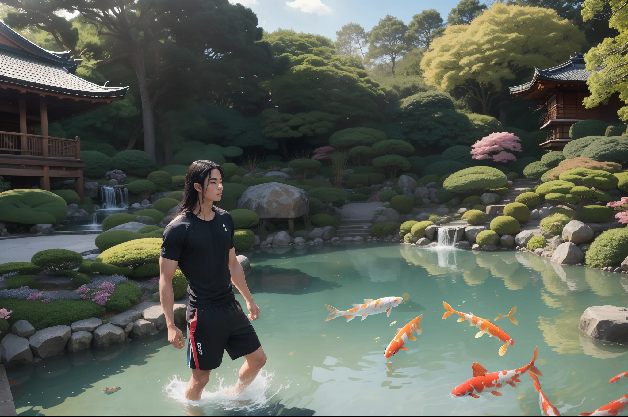 A young man in bermudas, surrounded by whips of water and many swimming and jumping koi fishes. He has medium long wet dark hair, athletic. Japanese garden as background. Sunny day, sun reflecting on water. Dynamic scene, colourful. Risogram effect.