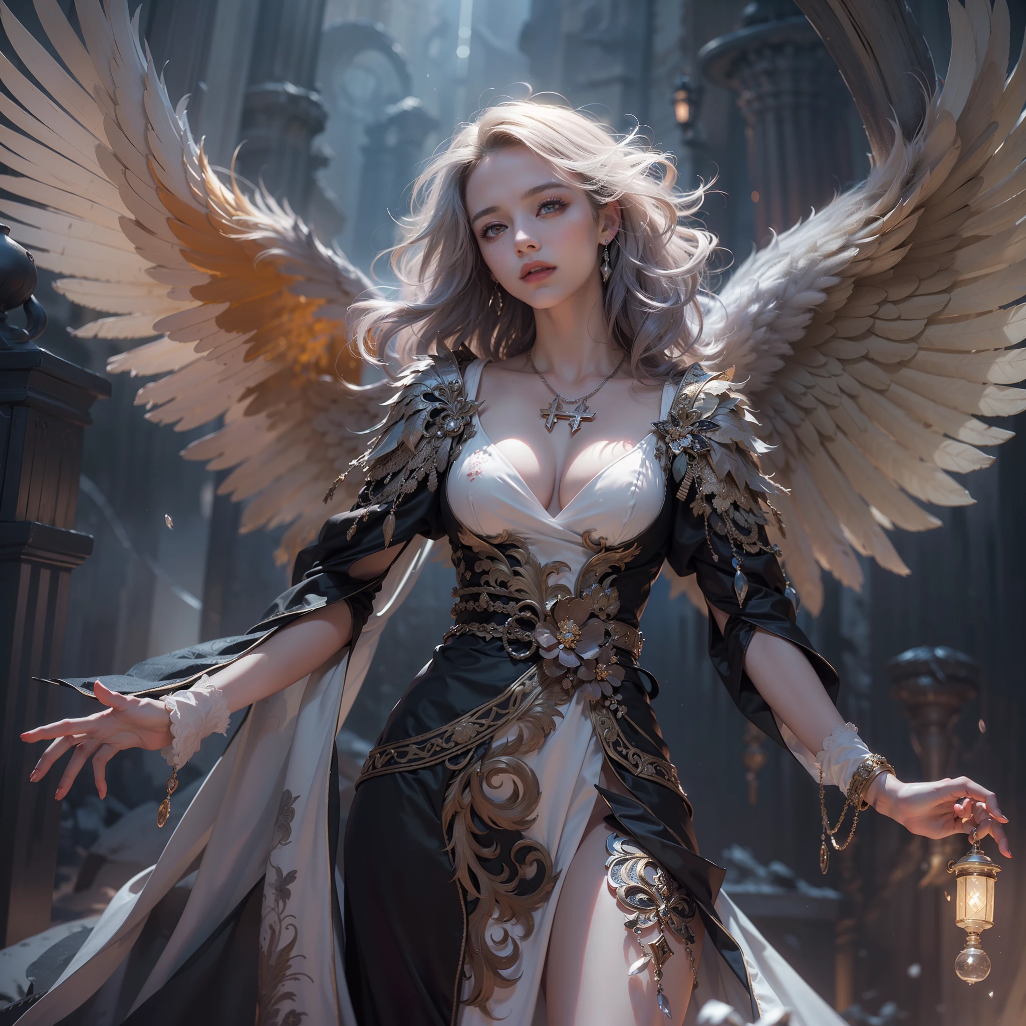 (number々Award-winning masterpieces of, with incredible detail, textures and maximum detail), (Hyper realistic:1.4), (Realistic:1.3), (Top quality real texture skins), (Draw the whole body:1.7), (Fine true circle symmetrical eyes), (Finely drawn beautiful face), (Decadent imagery: 1.5), (Aesthetic image: 1.5), Lewd and seductive images, Red bewitching pupils、((medieval world)), ((Fallen Angel)), Black wings on the back、 (She has a mischievous smile on her face), (Eyes that glow red in the dark:1.5), large full breasts、slim waist、Big ass、(Deep black costume with delicate and elaborate patterns:1.4), (Many fallen angels dancing in the background:1.3), (Dramatic light), (A majestic sight), (Her countenance is gentle and beautiful, however、Somehow horrible), ((Large wings with feathers behind shoulders)), (Draw the whole body:1.7), (Folded wings), Glass earrings on the ears, (((dramatic photography))), (Twilight), (Sunset), (Dusk), (Seduction poses), (dramatic pose), (Silver hair), Long, ((full-length portrait)), (Around her neck is a simple necklace of exquisite workmanship), (Swirling flames), (Swirling lightning), (Swirling ice and snow), (Draw the whole body:1.7), Old ruins infested with plants, great temple, great cathedral, temple ruins, detached temple, Luminous magic circle, Ruins of an ancient castle, Deserted ruins, crumbling ruins, Ancient ruins with clear water, Shining majestic cloud masses and sky, lightning bolt, Epic Realistic, ((Neutral colors)), (nffsw:1.5), (Muted colors:1.2), Hyper Detailed, Cinematic, Warm lights, Dramatic light, (Intricate details:1.1), Lots of black crosses background,