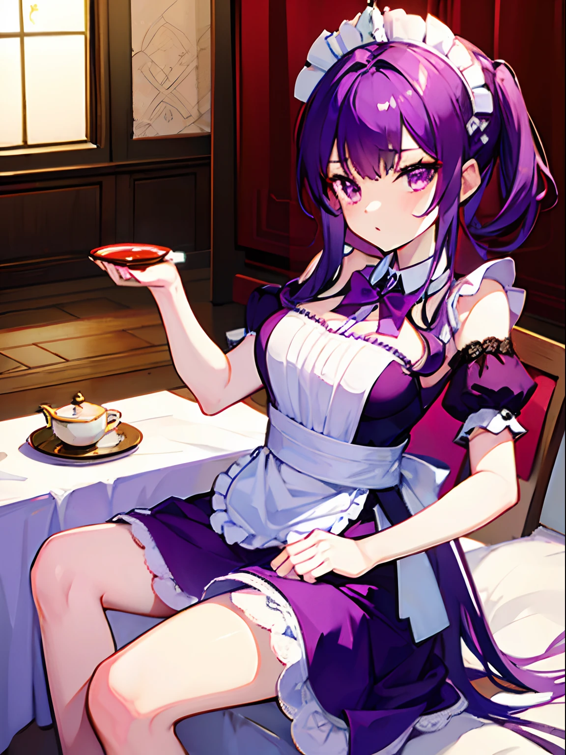 Cute maid. Purple dress. Puring tea