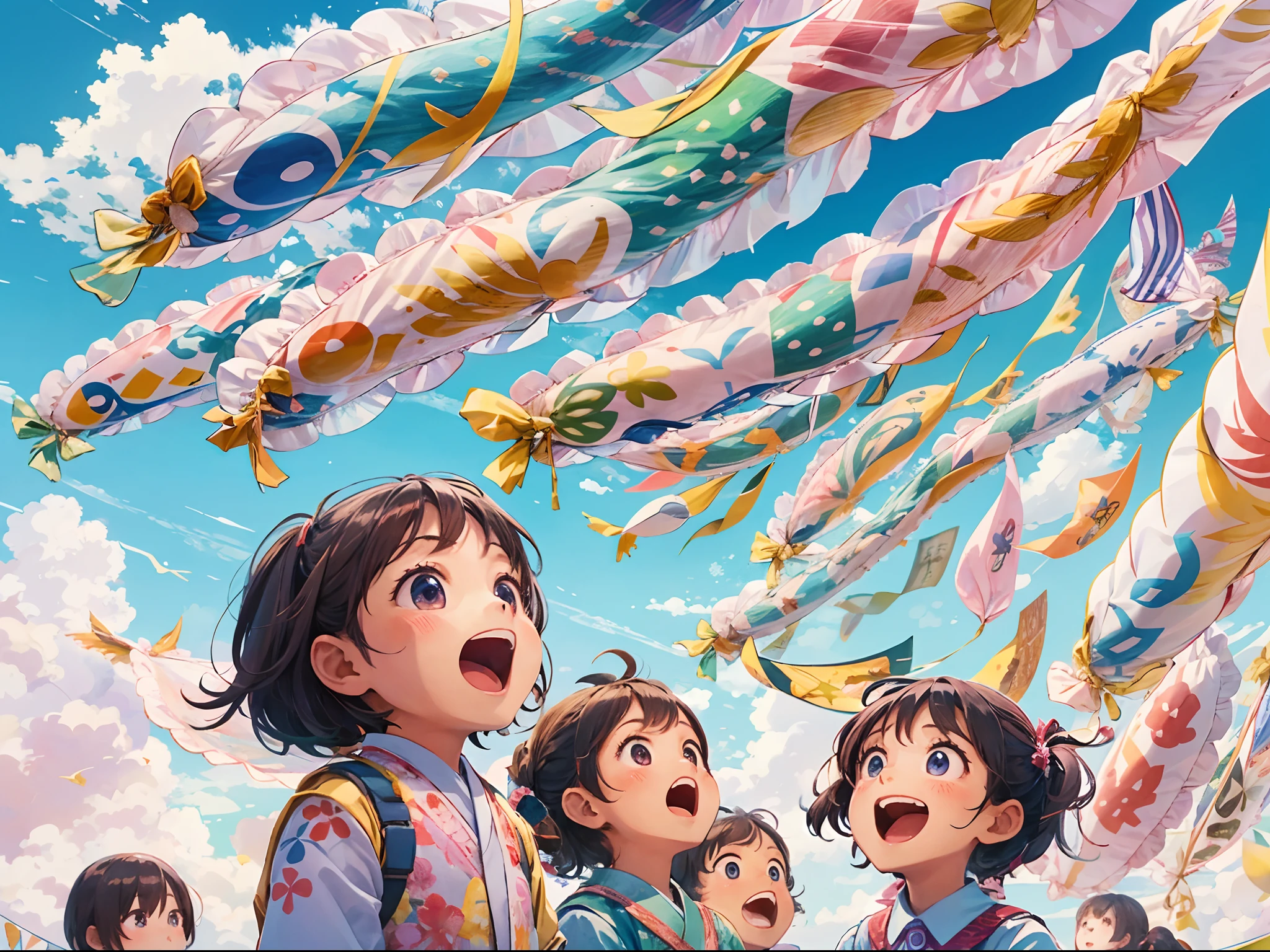 Children looking up at koinobori. Their eyes are shining and their mouths are open in amazement. In the sky, large koinobori are swaying. In the background, there is a blue sky and white clouds. The children are mesmerized by the sight.