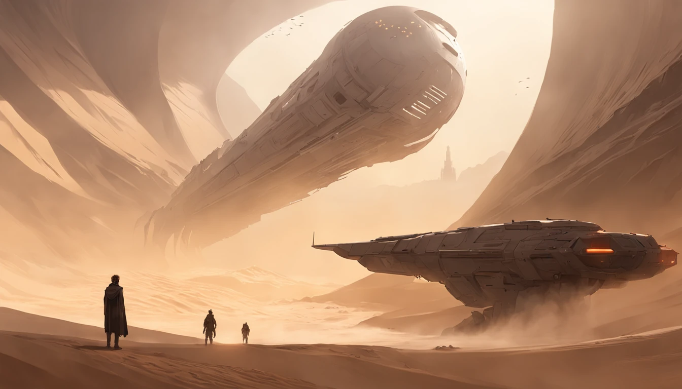 Dune concept art,Clean and neat tones,Sci-fi base scene,Huge scene,Square-shaped complex,Soviet aesthetic architecture,huge buildings,There are many ships in the air,Size contrast,crowd of,Soldiers versus soldiers,Big scenes of war,smog,epic concept art,Fine 8K,vray,Wasteland Science Fiction