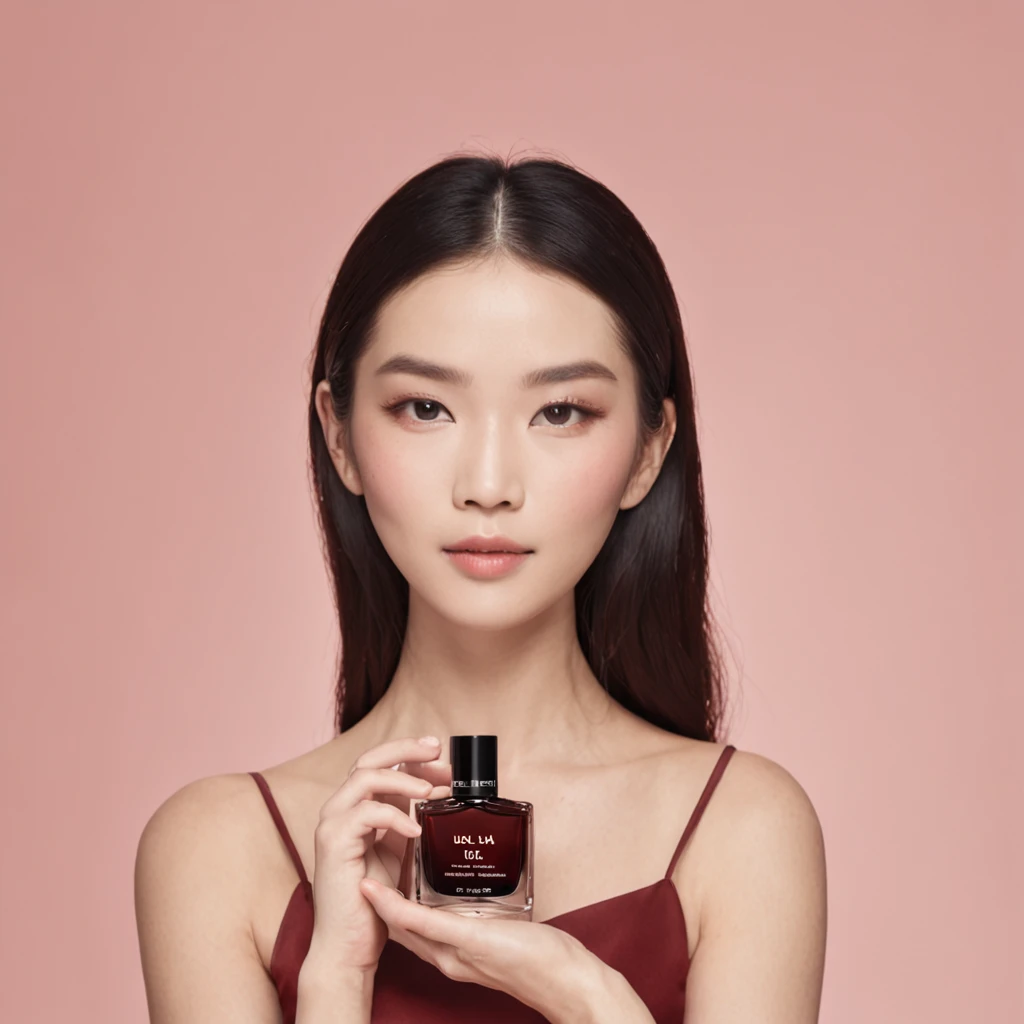 A Chinese woman holds a bottle of perfume in both hands,Take photos of skincare brands,beauty campaign,H3H3,Taoist,shot of,beauty retouch,Cool and bright tones,Dua Lipa,Official Product Pictures,inspired by Luo Ping,Clean face and body skin,Black hair