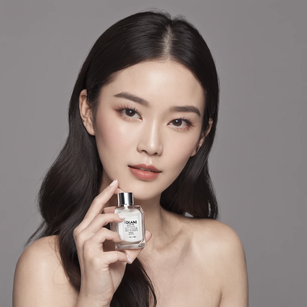 A Chinese woman holds a bottle of perfume in both hands,Take photos of skincare brands,beauty campaign,H3H3,Taoist,shot of,beauty retouch,Cool and bright tones,Dua Lipa,Official Product Pictures,inspired by Luo Ping,Clean face and body skin,Black hair