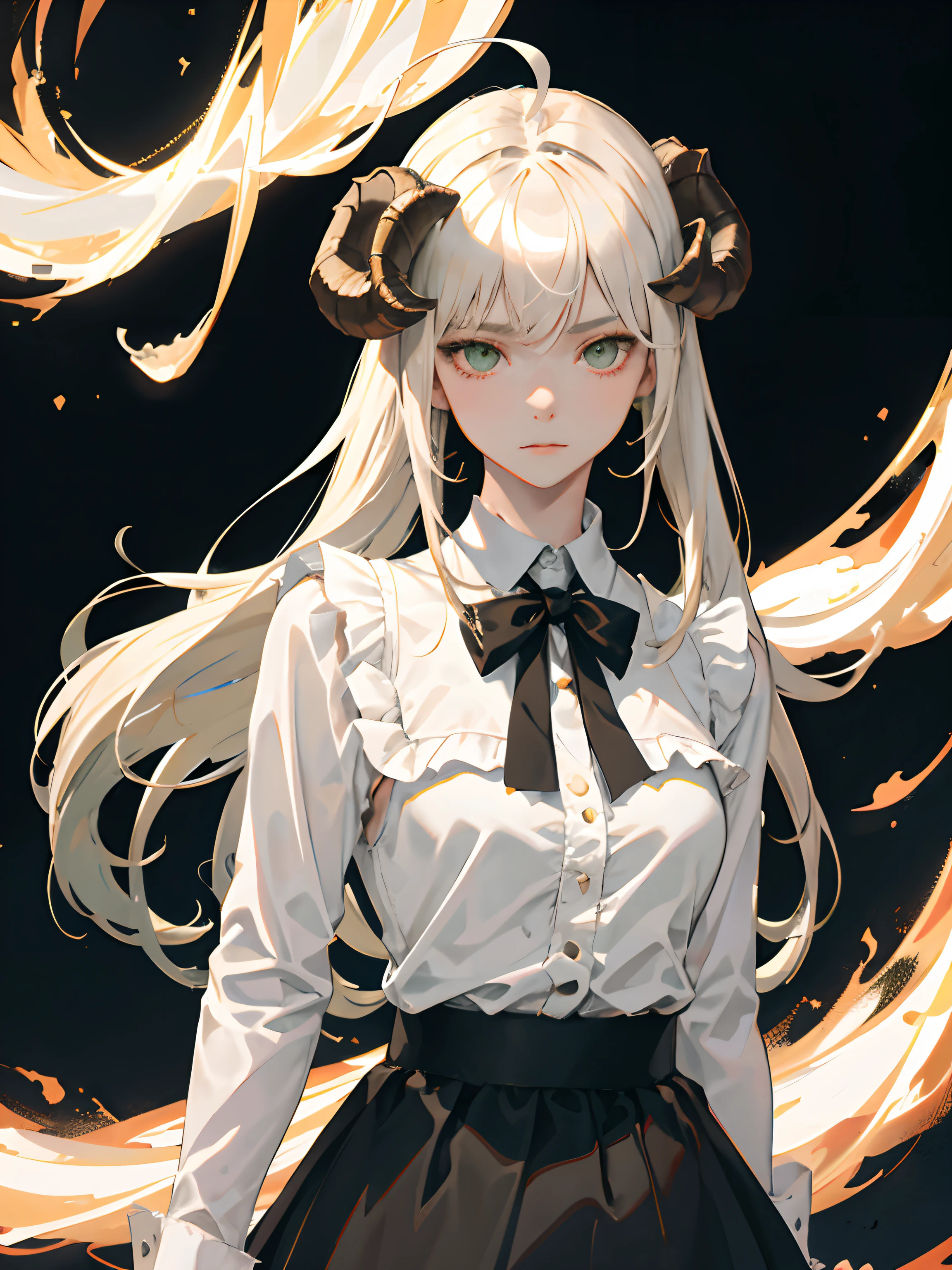 ((masterpiece, best quality)), (1girl), (solo), (female focus), (ahoge, ash blonde hair, long hair), green eyes, ((white shirt), (buttoned shirt)), ((black skirt), (short skirt)), standing, white background, arms behind back, bat wings on the waist, sheep horns, sad eyes, cold facial expression, cold look, dark long tight clothes, pale skin, colour grading, dark illustration, extreme quality, radiant, extremely detailed, ultra-detailed face, ultra hd 8k, ultra digitality, mythical, dark lightning
