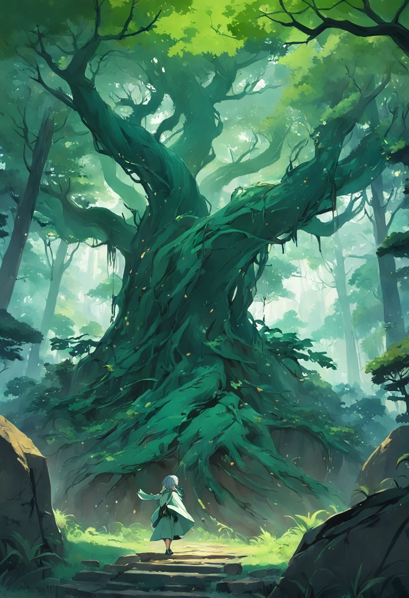 ((Gradually approaching，Can be seen clearly:1.2)There is a half-truncated huge there(Scorched black:0.9)Trunk(Deadwood:1.1)，(Life:0.9)Distributed(The leaves are as clear as green jade,A little soft diffusion of light:1.1)'s(Green jade carved - branches and leaves:1.2)，(Shrouded:0.8)an Quority(village:0.9))