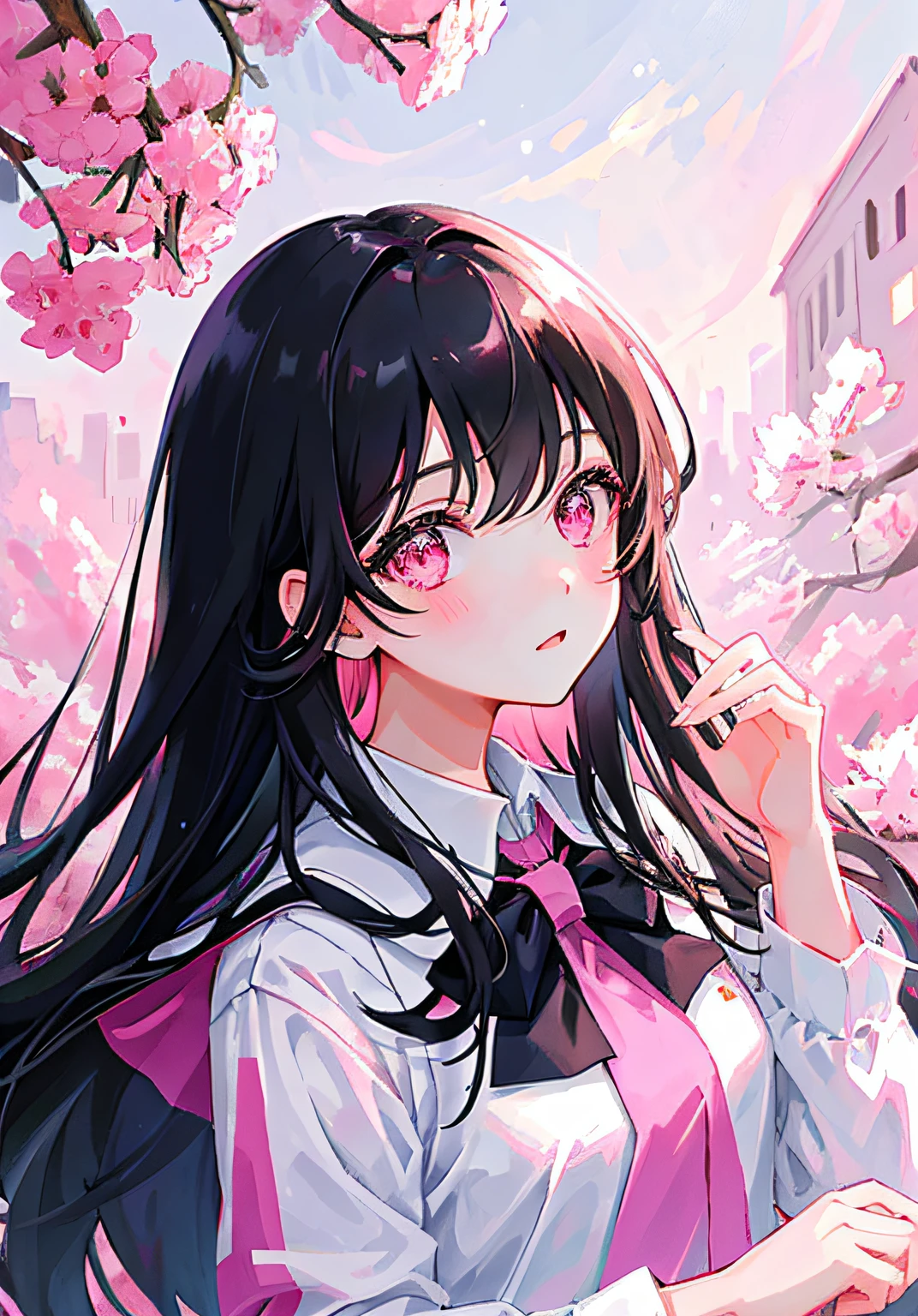 Masterpiece, Best quality, Ultra-detailed, illustration, Portrait, 1girll, black_Hair, Pink eyes, Long hair, school uniform,