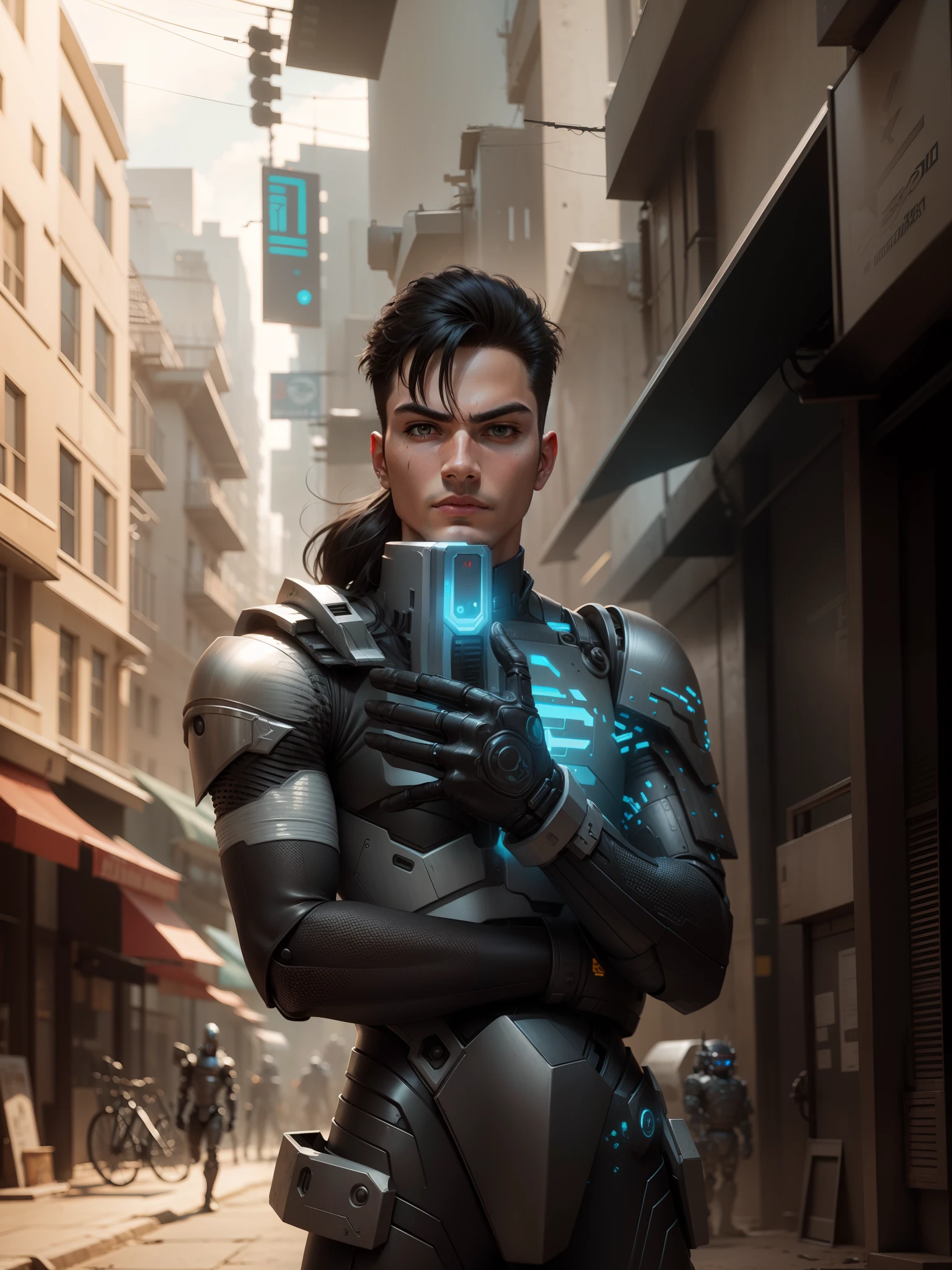 Change background to future , robot warrior, ultra realistic, handsome boy.