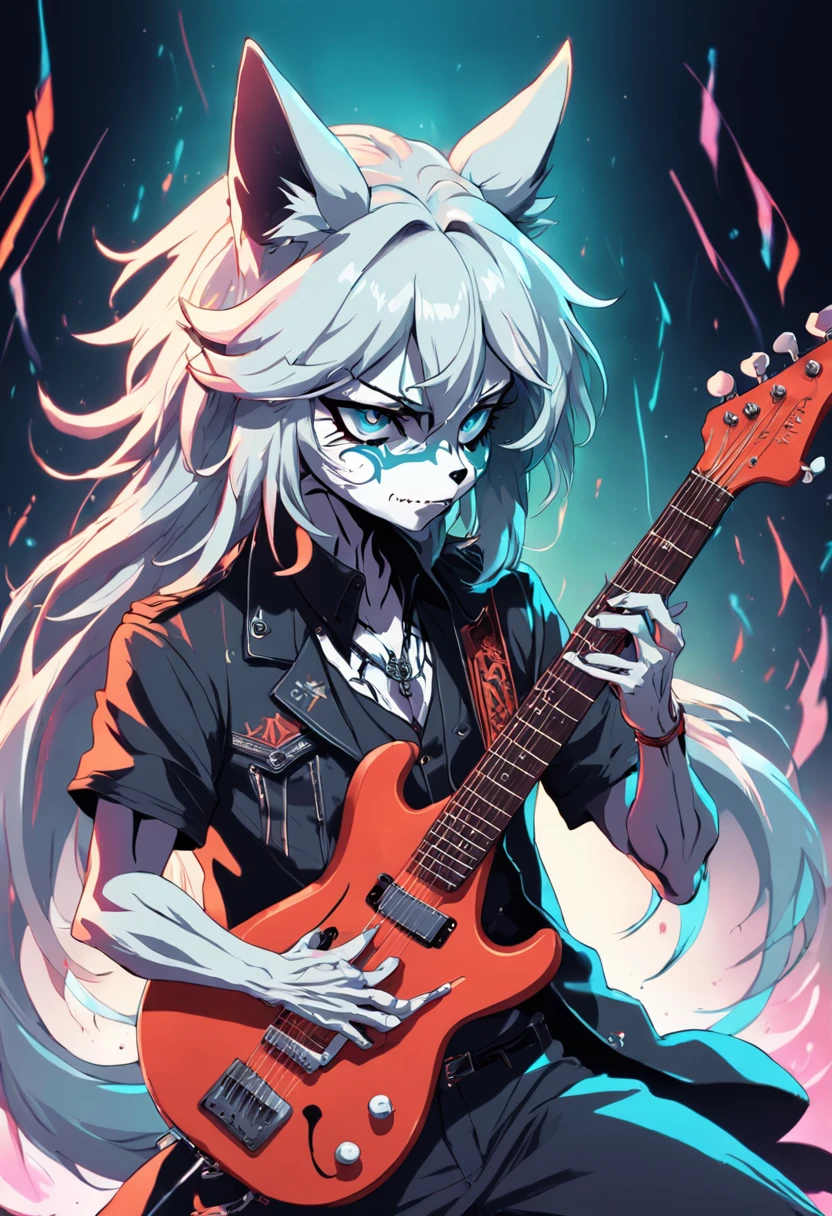 ((a masterpiece insane details wolf skull playing guitar), neon colors, High contrast, Vector art with crisp strong black outlines, full body shot sharp focus, Digital painting, Digital illustration, Ultra crisp, hard lines, Clean linework, white background sharp focus intricate, by Greg Rutkowisk and Luis Royo, best quality masterpiece, Minimal and clean (vector art: 1.2)
