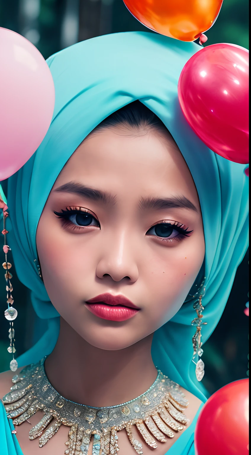 There is a poster,malay women, wear hijab, modest dress, Light blue sky background,((Number 8)),Crystal number 8,Transparent number 8,Pass through the streamer of the number 8,Balloon vibe,beauty campaign, bubbly scenery, 8K,Bright style,Delicate,tmasterpiece,photorealestic,High quality detailing,Exceptional detail , ultra detail face, malay face, fantasy background