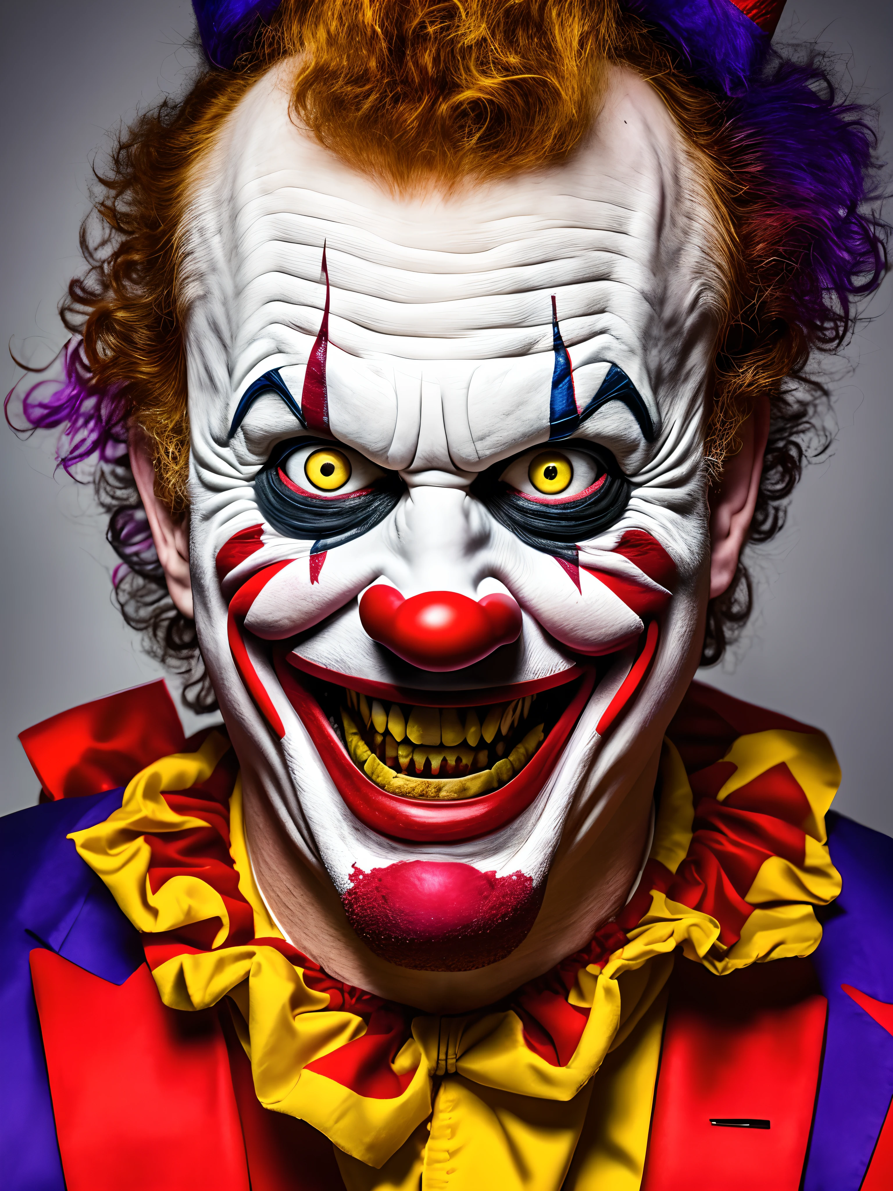 a portrait wide angle photo at sadistic Jocker with defined sadistically ecstatic face details, snub nose and crazy eyes wearing a vivid, intricate clown costume
background horror night city