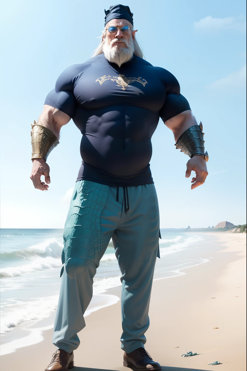 dumbledore,a old man,Big chest,wearing an outfit,Wearing crocodile dragon armor,Wearing a crocodile head hat,Muscle men, Man ,Wear half-moon glasses,Realiy,Blue whale in hand,