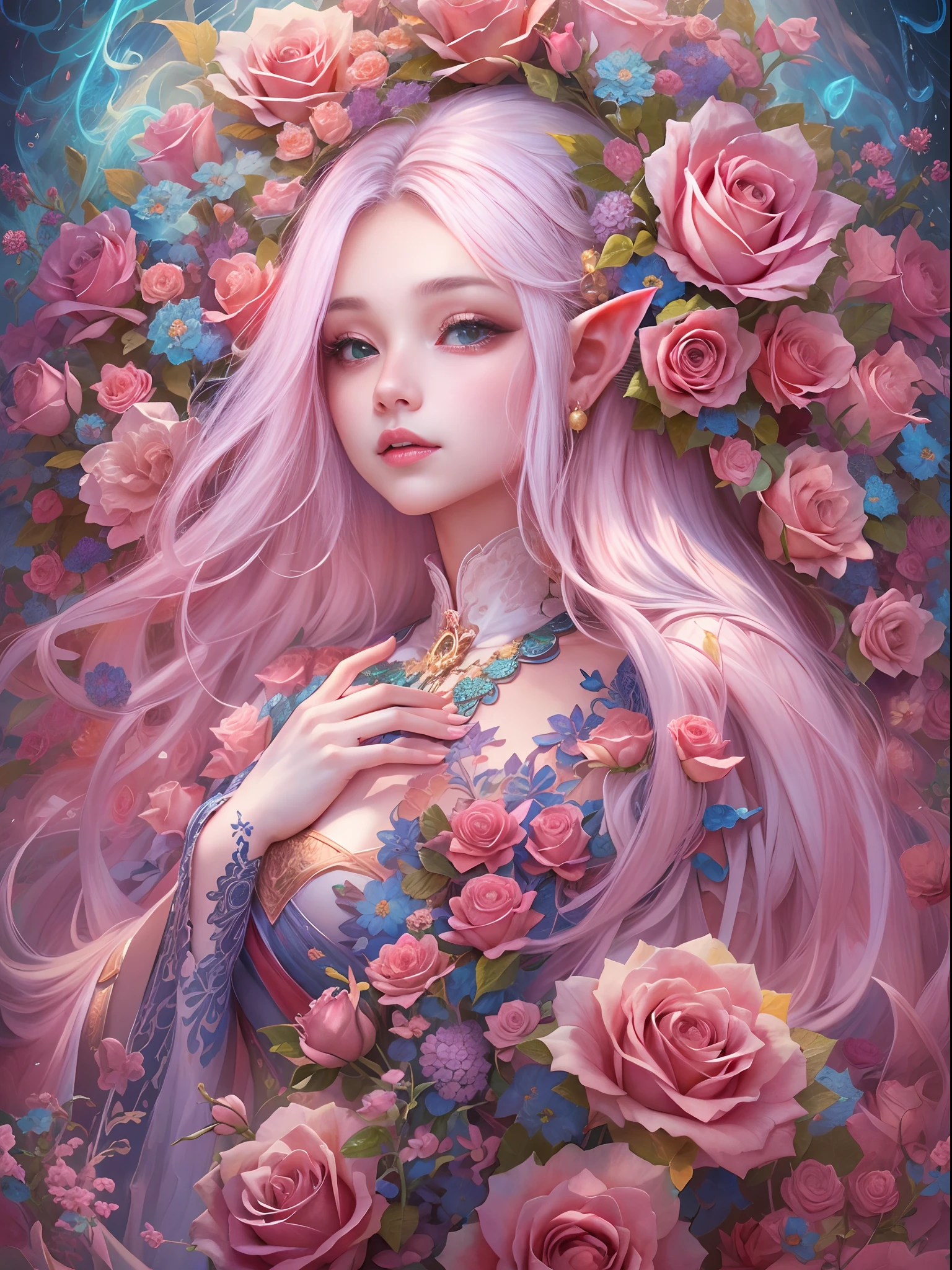 (masutepiece, top-quality, Best Quality, Official art, Beautiful and aesthetic:1.2), (1 Elf Girl), Extremely detailed, long shapeless hair, (Fractal Art:1.3),Colorful,Highest detail, Cinematic lighting、masterpiece:1.2、(Lots of beautiful colorful rose flowers)、