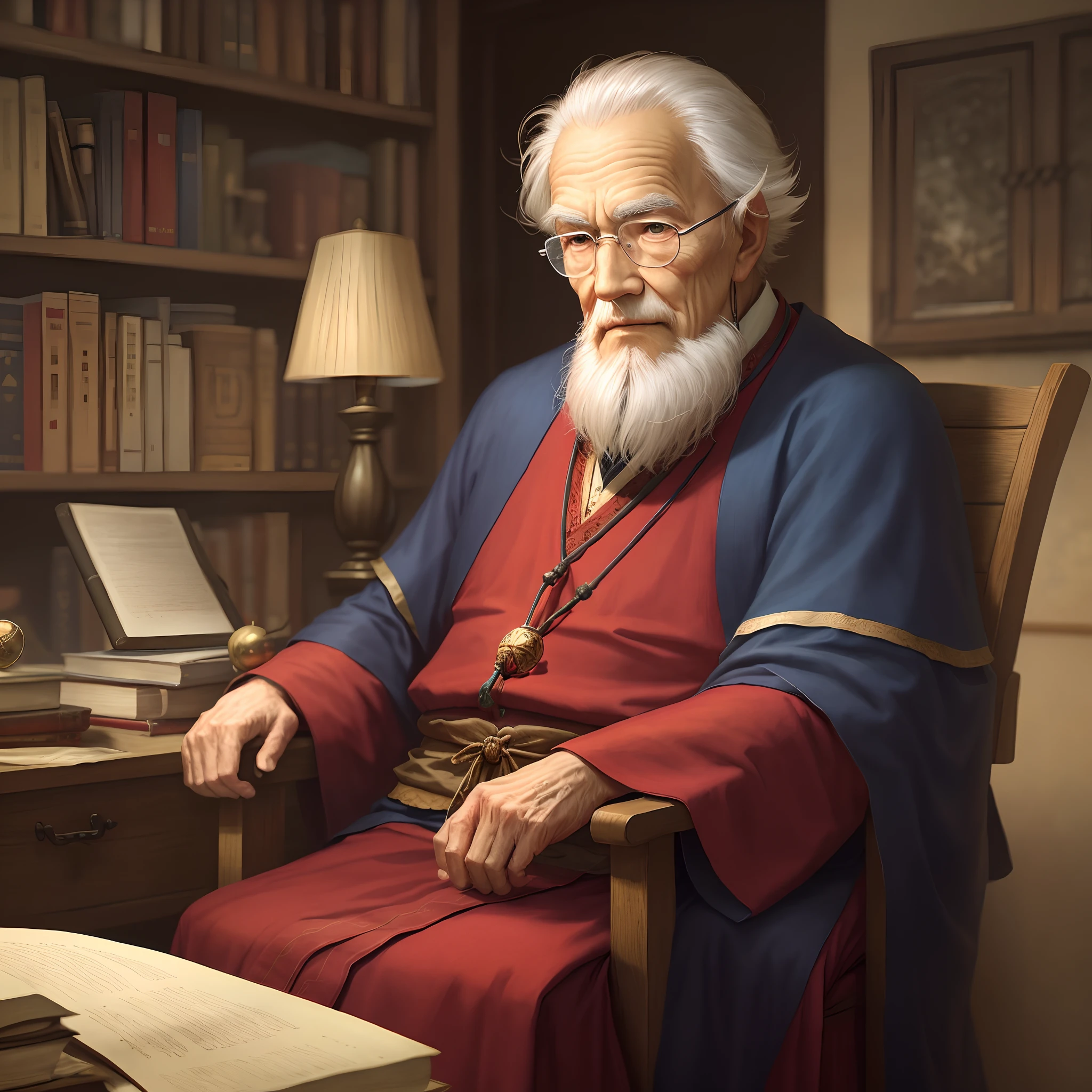 A wise old mage sat peacefully in the study。