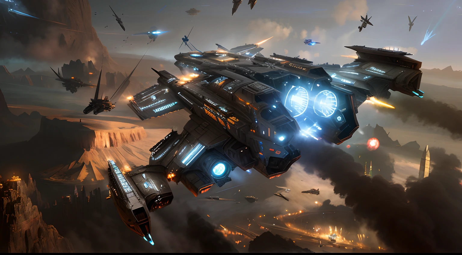 The spaceship flies over a city with mountains as its backdrop, Dreadnought, sci - fi spaceship in combat, stunning sci-fi concept art, the fourth race of starcraft 2, star citizen digital art, CG art, star citizen concept art, award winning scifi art, sci fi epic digital art, High quality digital concept art, stunning concept art