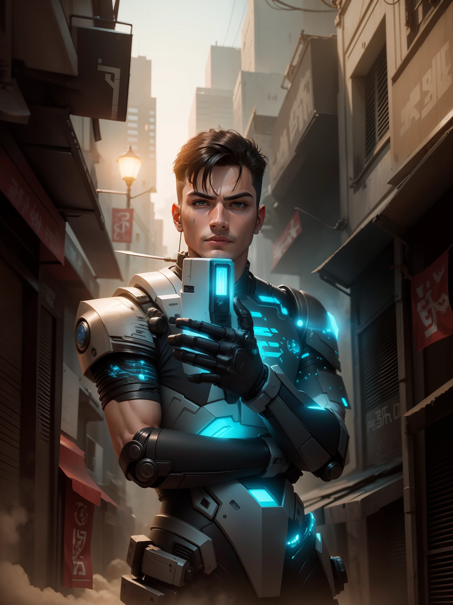 Change background to future , robot warrior, ultra realistic, handsome boy.