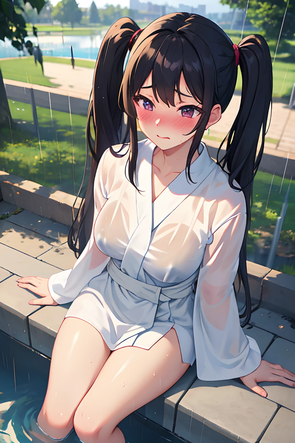 Realistic, outdoor, park, wide angle, raining, soaking wet, 1girl, blushed, embarrassed, good hand anatomy, POV, from above, sitting, white robe, twintails