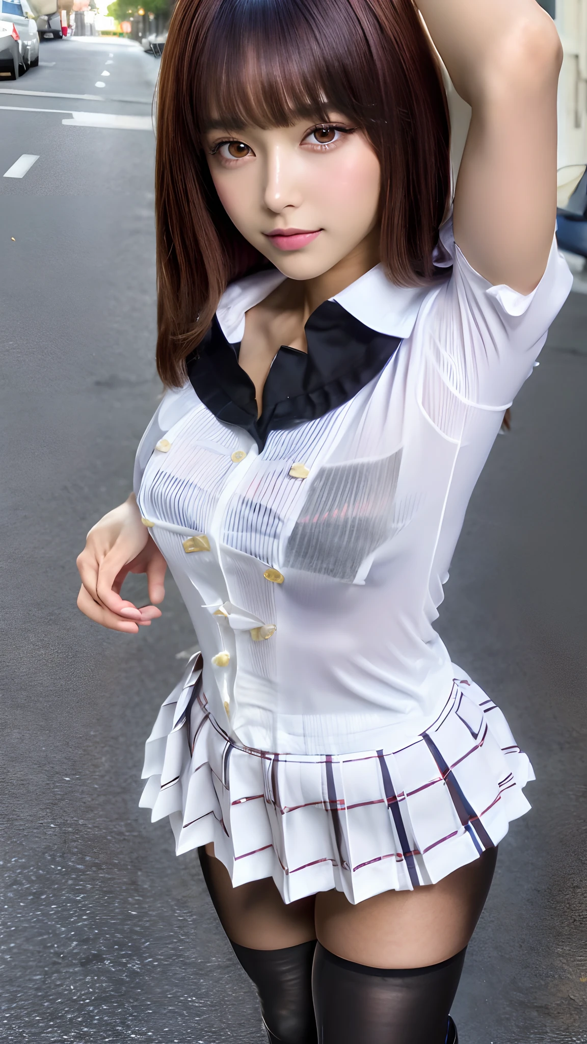 (8K, 超A high resolution, Best Quality, masutepiece:1.2),(18year old:1.2)、(Look away)、8K、RAW portrait of japanese girl、Photorealsitic、超A high resolution、top-quality、 (huge-breasted、Close all buttons on the shirt:1.4)(student clothes、Pure White Cutter Shirt、Pleated mini-skirt:1.4)、(walking on street:1.3) BREAK (Natural Skin Texture、Detailed skin、Hyper-Realism、ultra sharpness)、intricate detailes、depth of fields(Large opening in the thigh:1.2)、big eye、Thin makeup、bangss、Eye lashes、Crisp double、cheerful look、Dainty schoolgirl、Pure White Cutter Shirt、(Put a white shirt inside the skirt:1.3)、Show the armpits、Plaid pleated skirt(Long brown hair straight、Shiny legs、Black loafers、Black stockings:1.3)Red underwear