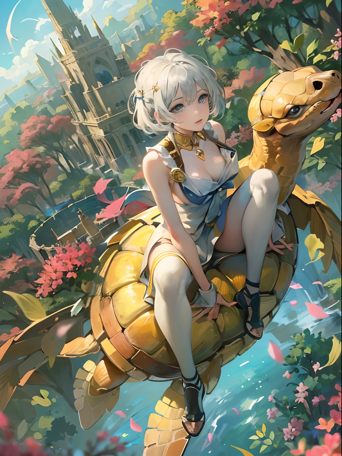 (Best Quality, Masterpiece: 1.1), (Realistic: 1.4), Beautiful naked schoolgirl is riding on the yellow turtle, god ray, , silver short hair, blue eyes, full body, from below, hourglass body shape, flying over the park, crystallineAI, fractal art, splash