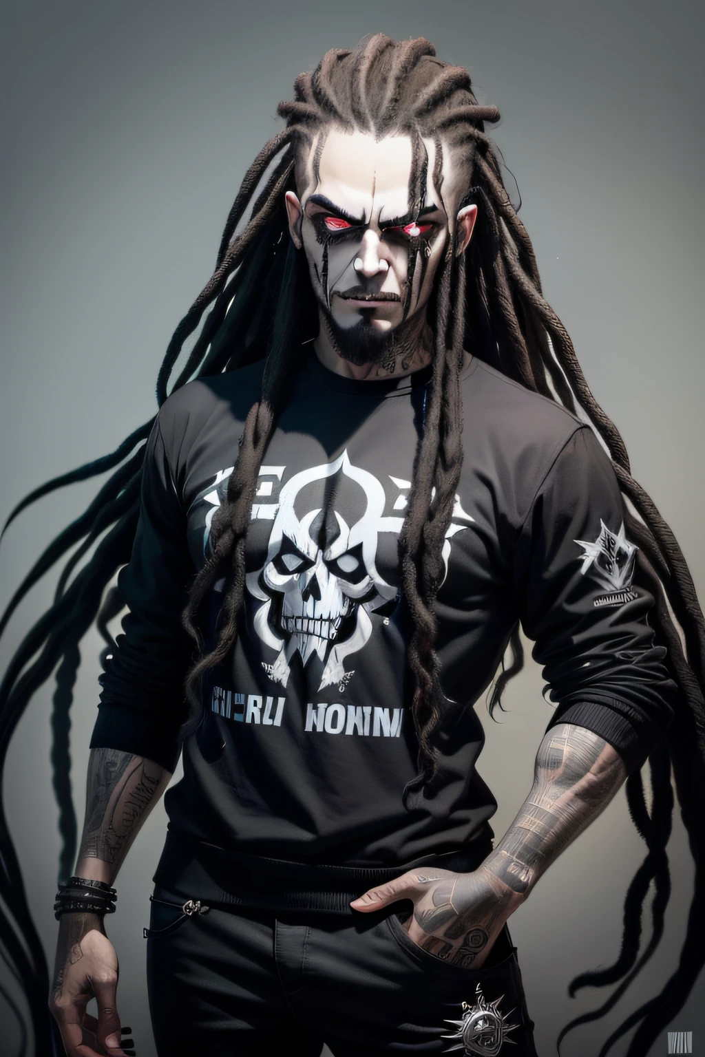 Um personagem para perfil das redes sociais, estilo cartoon, homem, headbanger, corpse paint black metal, cabelo dreads grandes, roupa preta com a logo da banda de black metal, don't thread on me, fundo da imagem ser sombria e assustadora