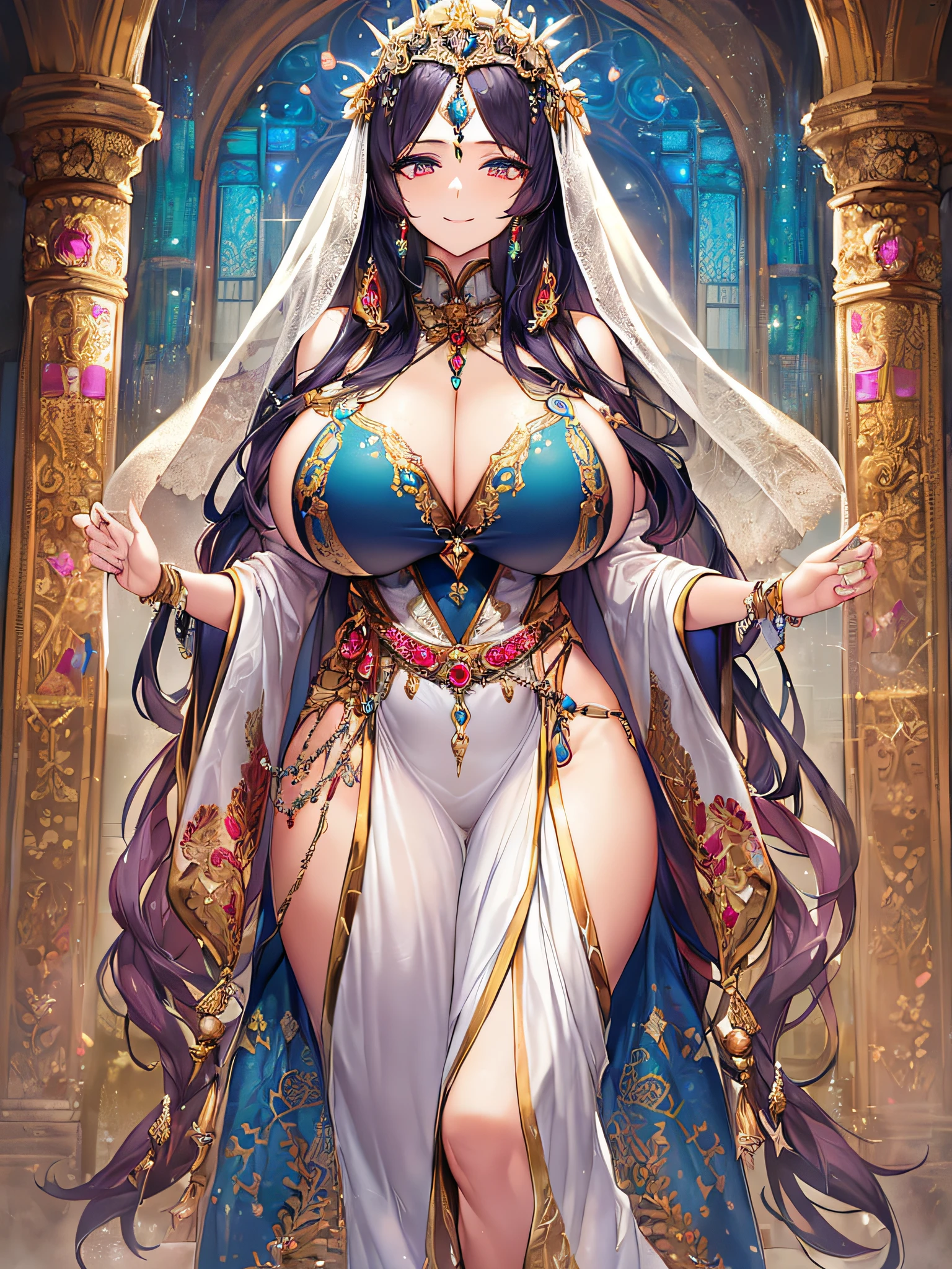 (anime artstyle),((Masterpiece,Best Quality,Super Detail,Very Delicate and Beautiful)),Solo,((full body,standing picture)),standing in the sacred cathedral,((Sacred atmosphere)),((1 Holy High Priestess in beautiful embroidery and jeweled gorgeous clothes),gorgeousfull embroidery,(gorgeous gemstone jewelry),(detailed face and eyes),jewel-like eyes,smile,((large amount of straight hair,extremely Long voluminous Hair)),Sacred Veil,((gigantic tits,Long tits,skindentation)),gorgeousfull embroidery,cleavage,extremely gorgeousfull hair ornament,(bling-bling extremely gorgeousfull jeweled tiara),gorgeous corsage,Stained glass,(Dynamic Angle),Looking at viewer,((full body)),((beautiful embroidery and jeweled gorgeous clothes))